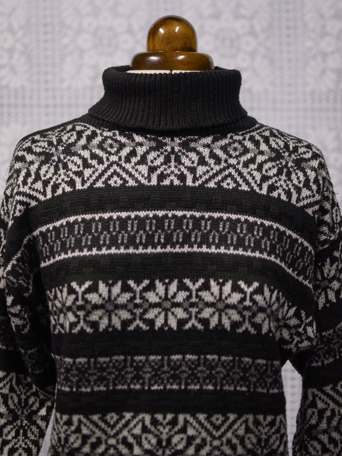 1990s St Michael black and white snowflake nordic striped roll neck jumper