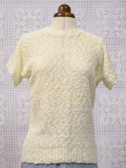 1980s pale yellow and white boucle short sleeve jumper