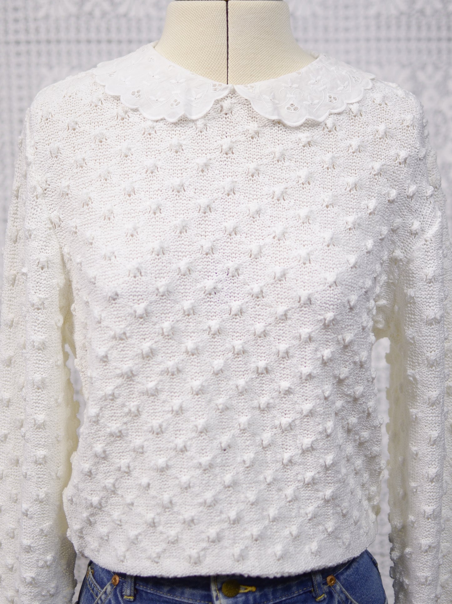 1990s St Michael white broderie anglaise collar textured knit jumper