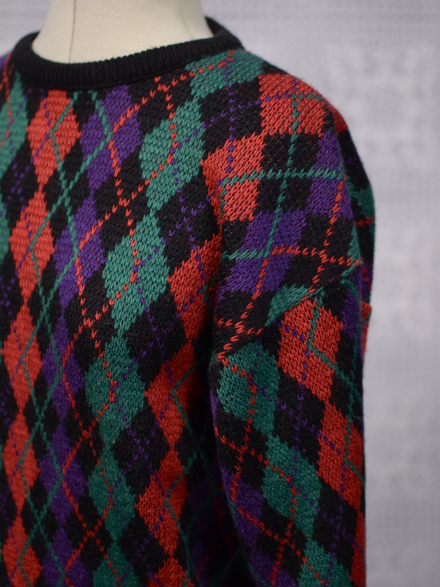 1980s black, red, green and purple argyle pattern jumper