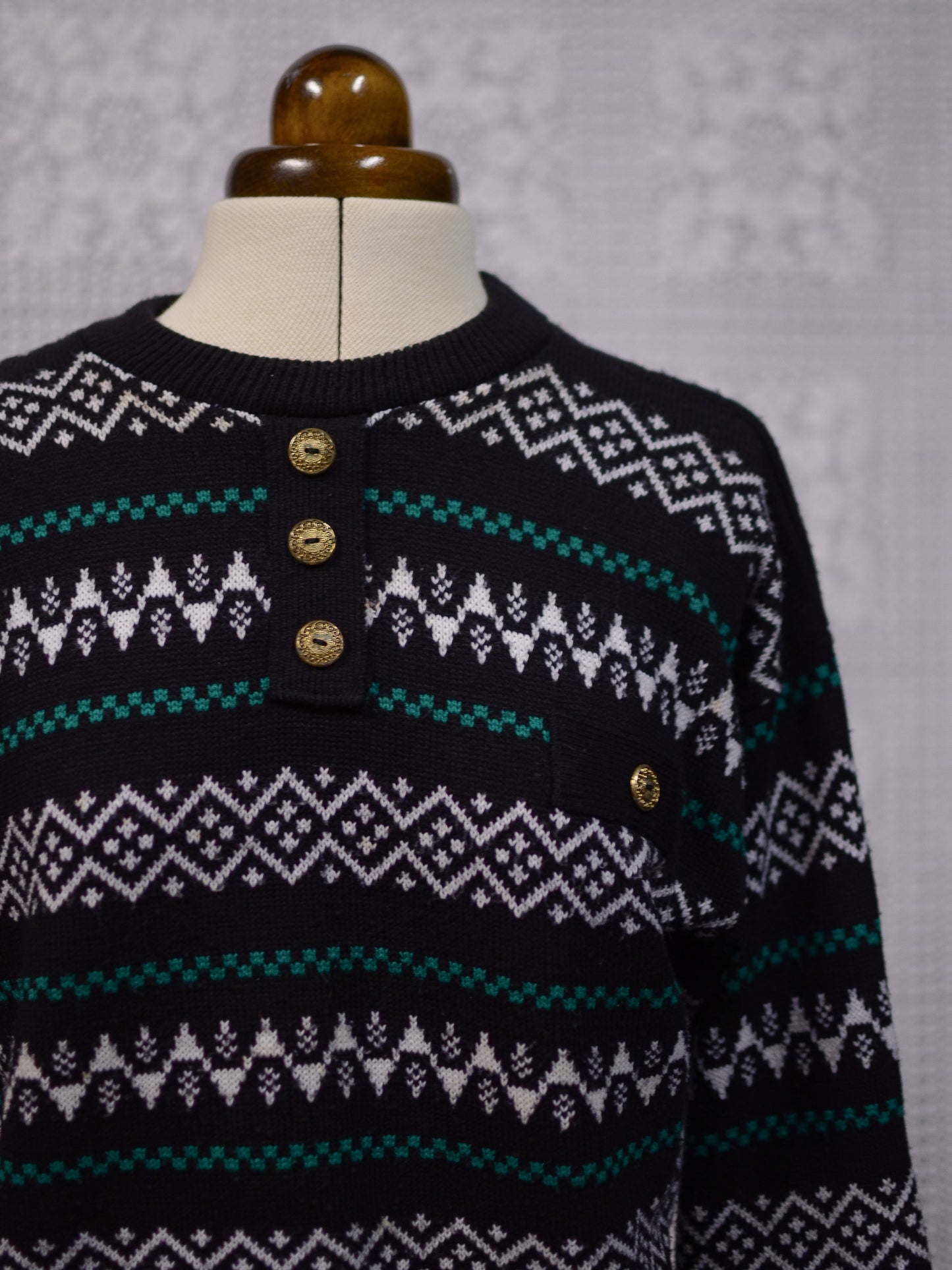 1980s black, white and green striped pattern pocket jumper
