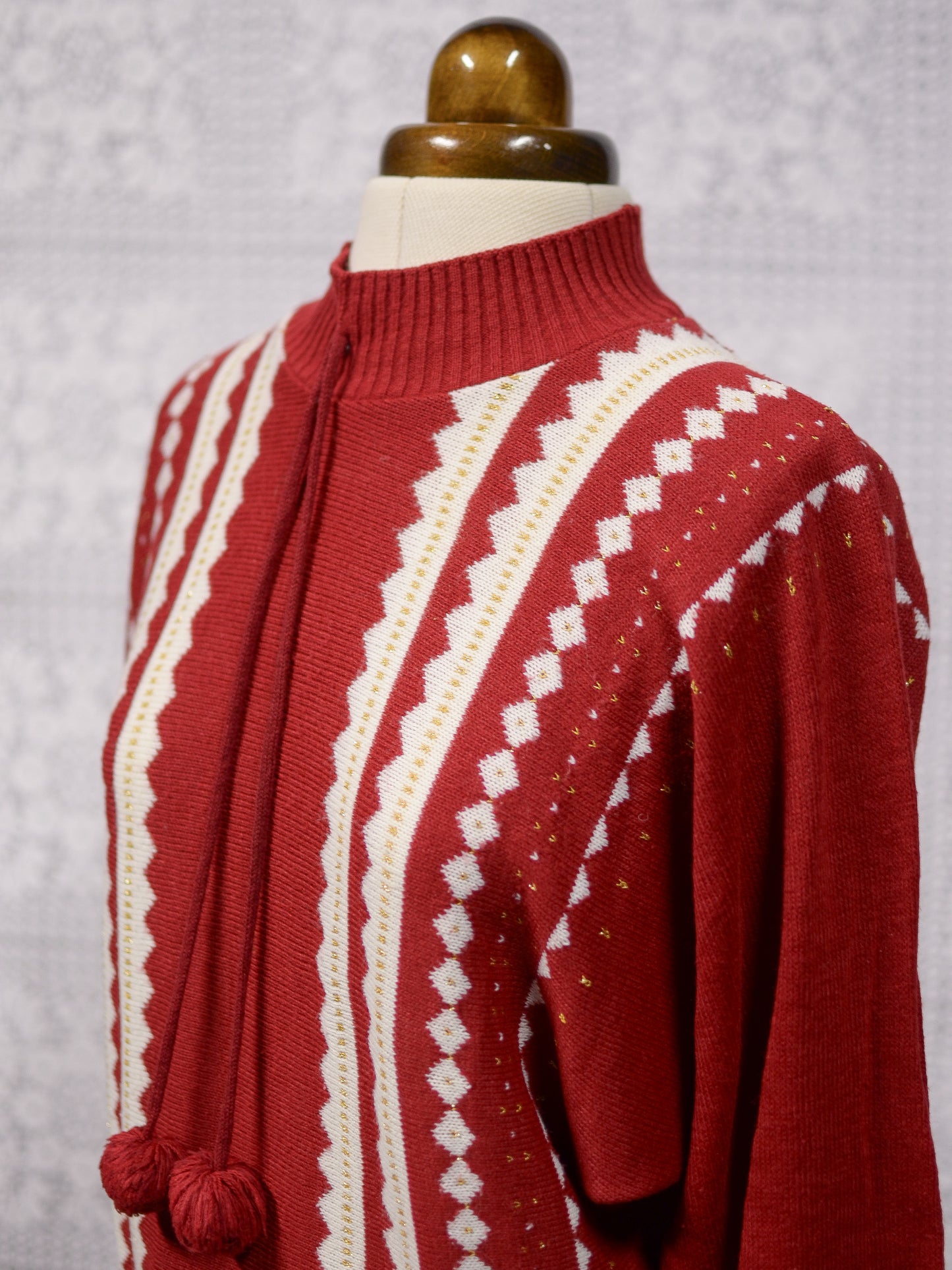 1980s Etam red, white and gold frill neck pompom jumper