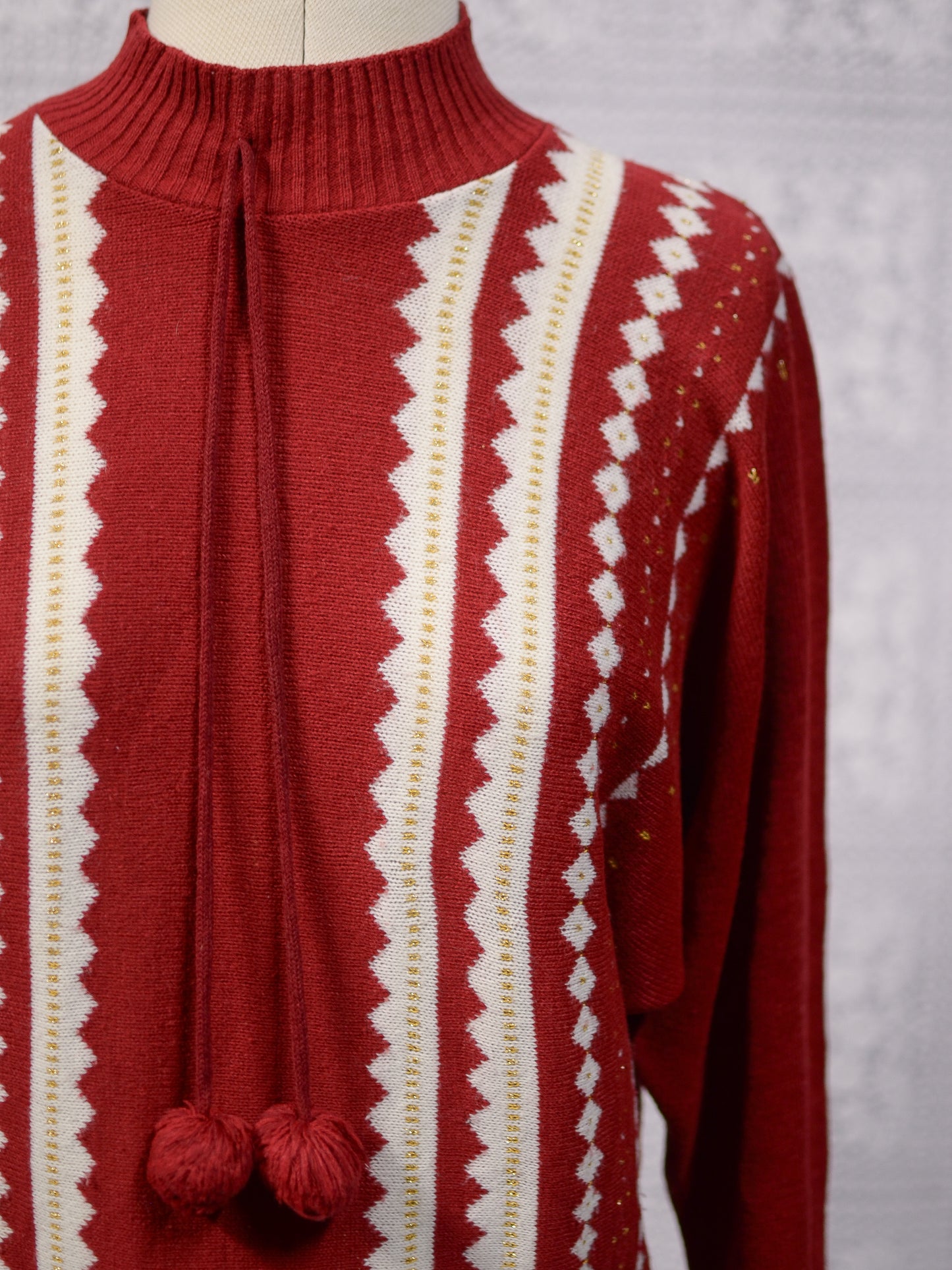 1980s Etam red, white and gold frill neck pompom jumper