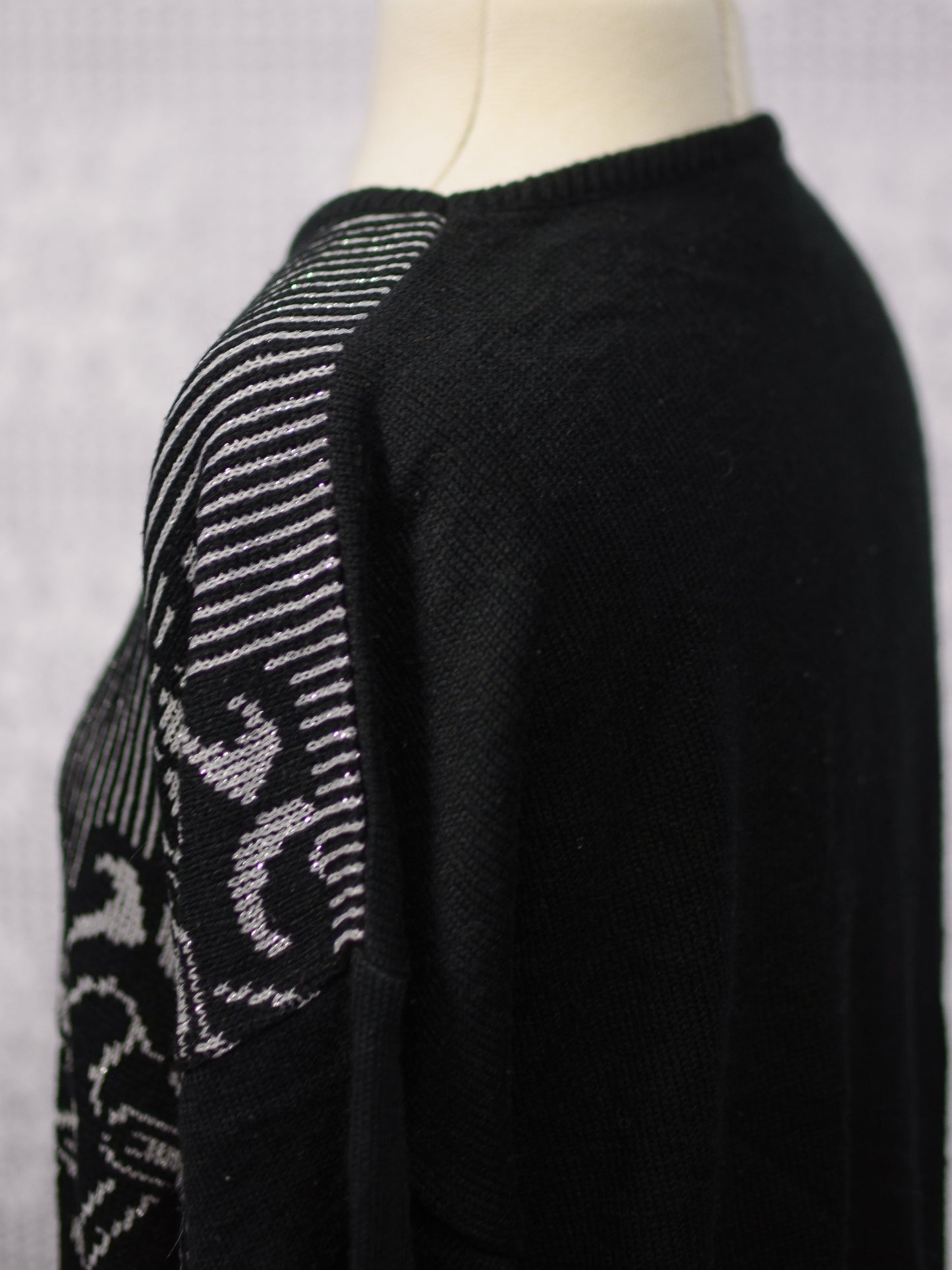 1980s Sears black, grey and silver striped and floral jumper