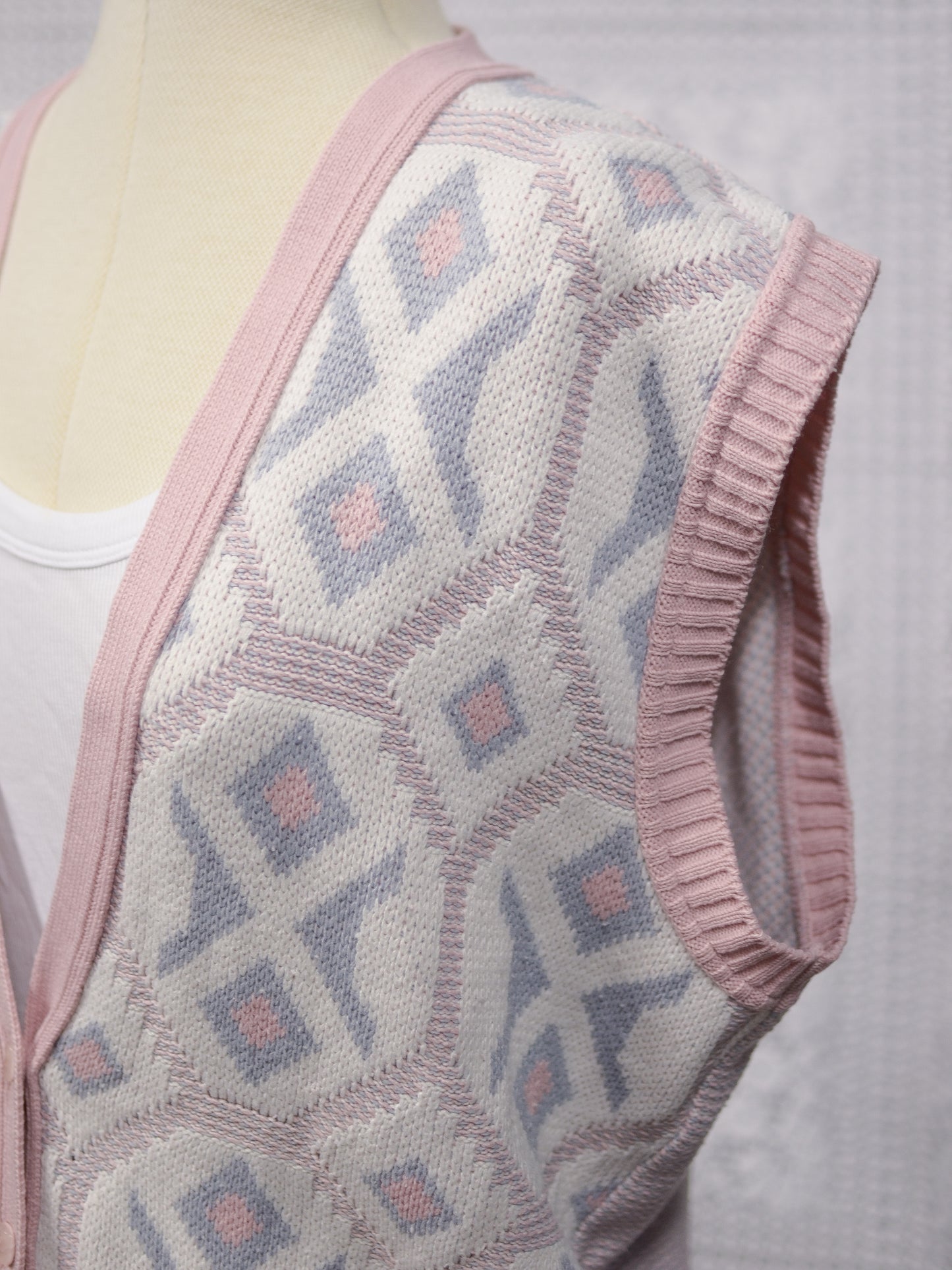 1980s pink, white and blue knitted waistcoat tank top sleeveless cardigan