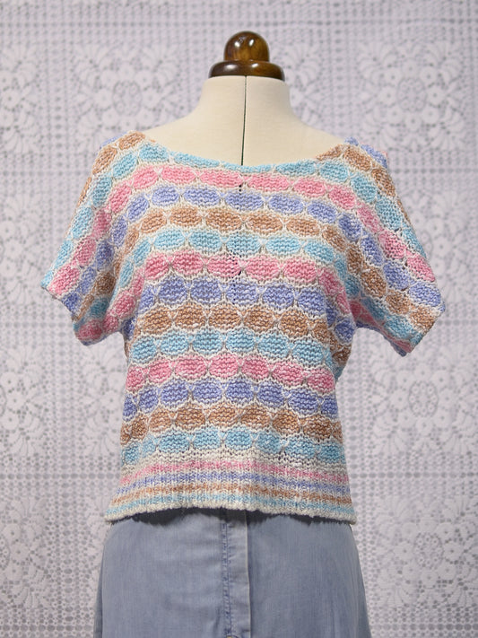 1980s pastel pink, blue, lilac and brown short sleeve cold shoulder jumper