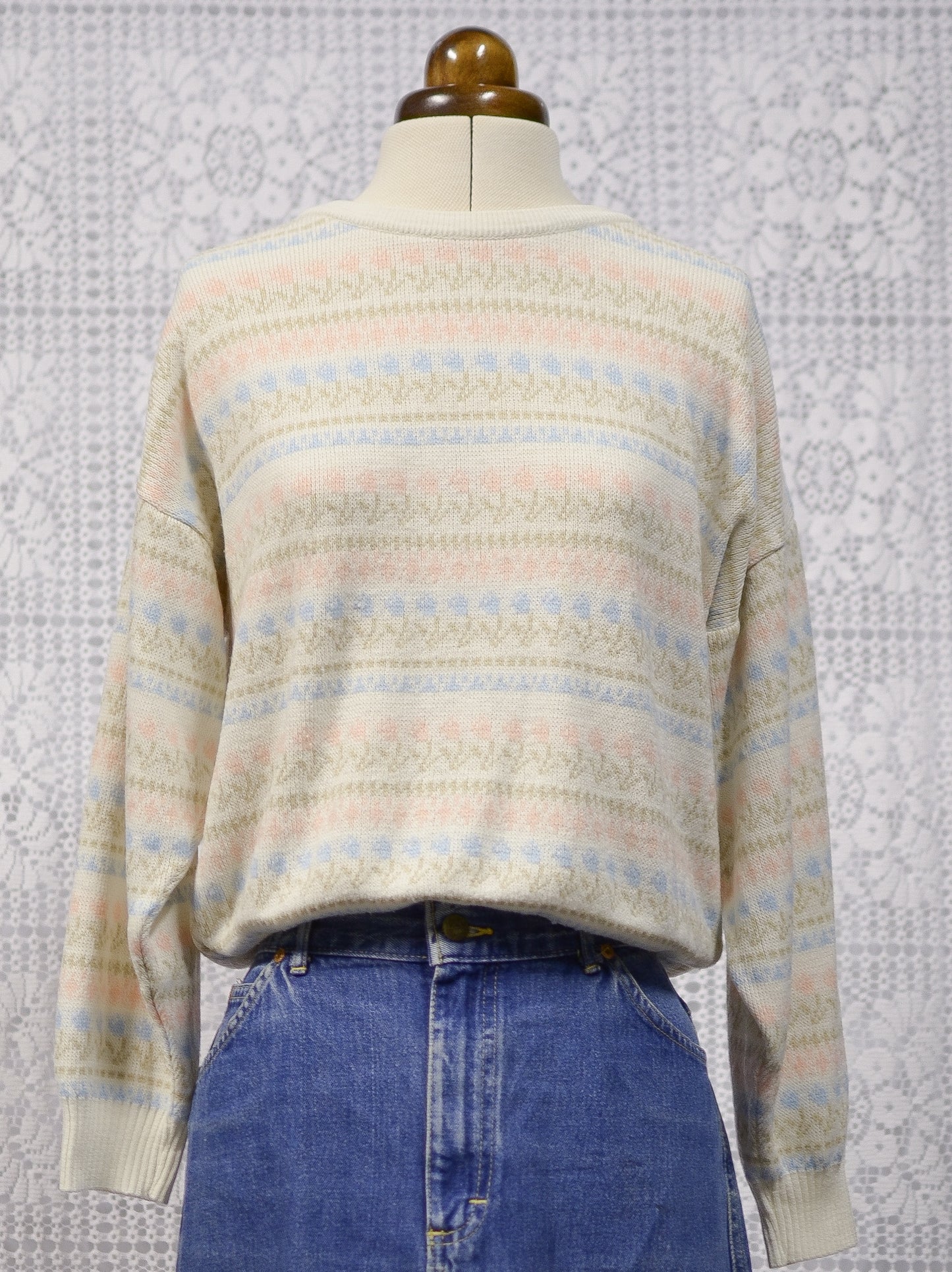1980s Littlewoods cream, pink and blue tulip floral stripe jumper