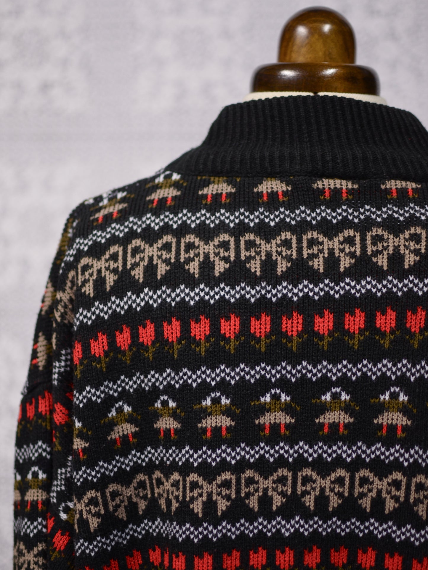 1980s black, white, red and green festive folk patterned jumper
