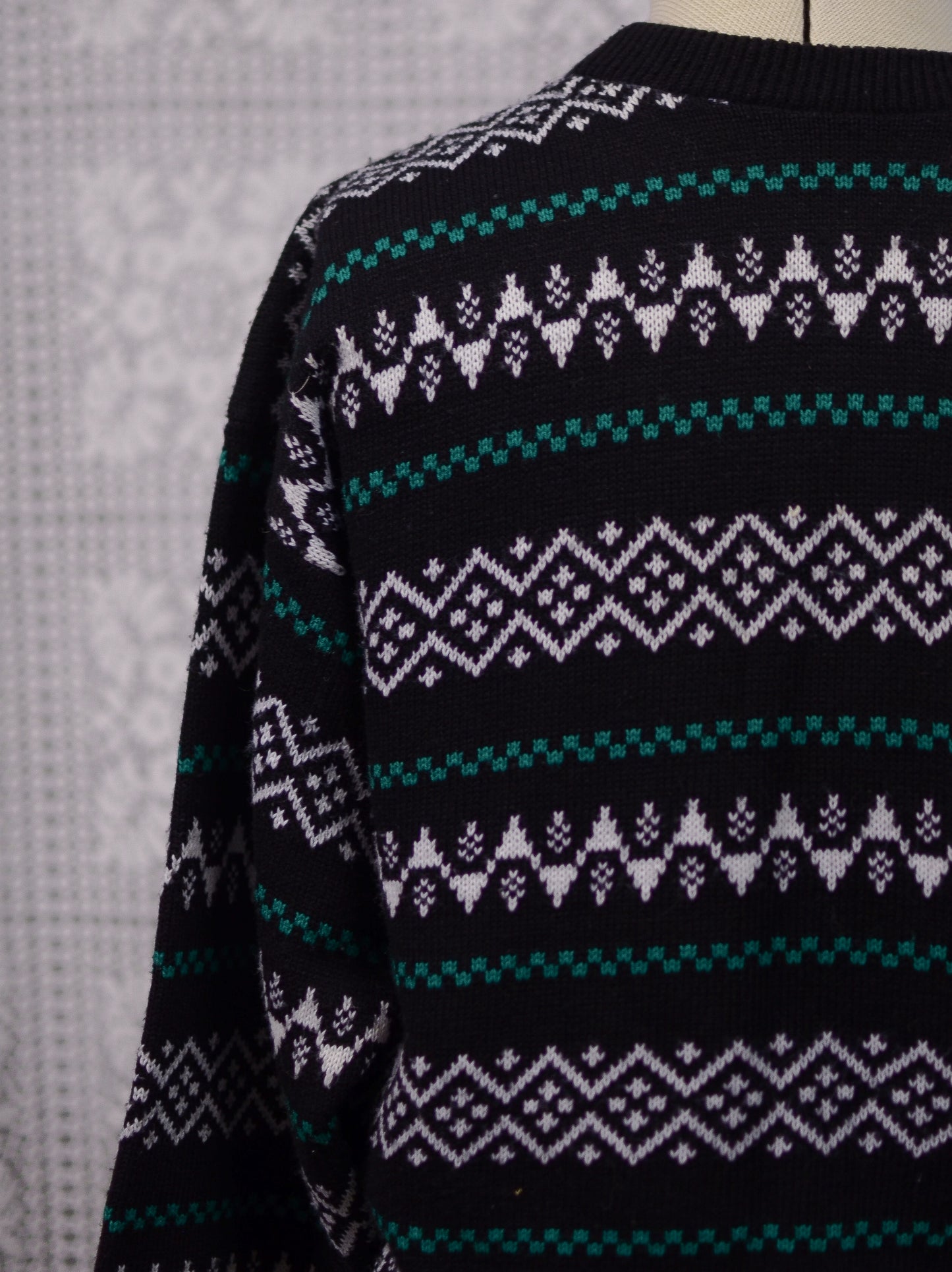1980s black, white and green striped pattern pocket jumper