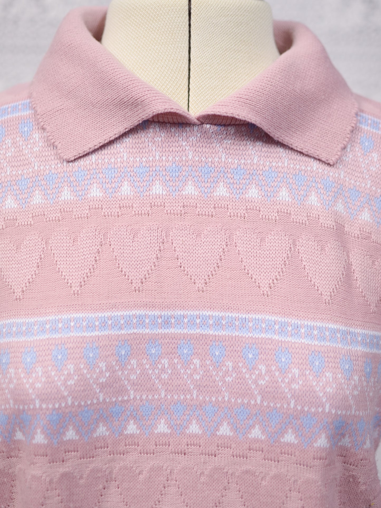 1990s pastel pink heart stripe patterned collared jumper
