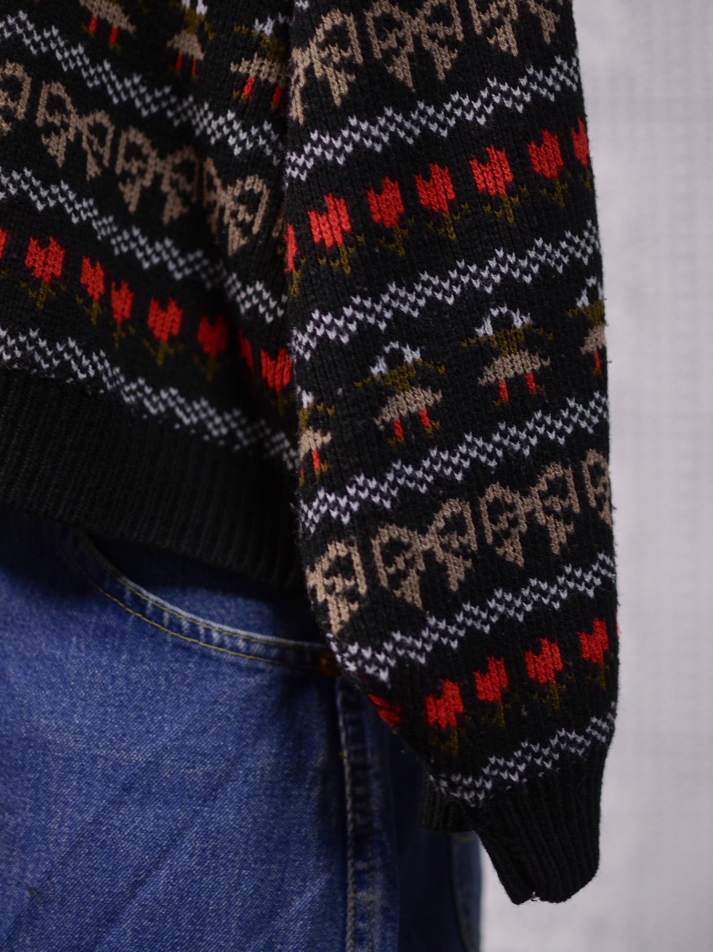 1980s black, white, red and green festive folk patterned jumper