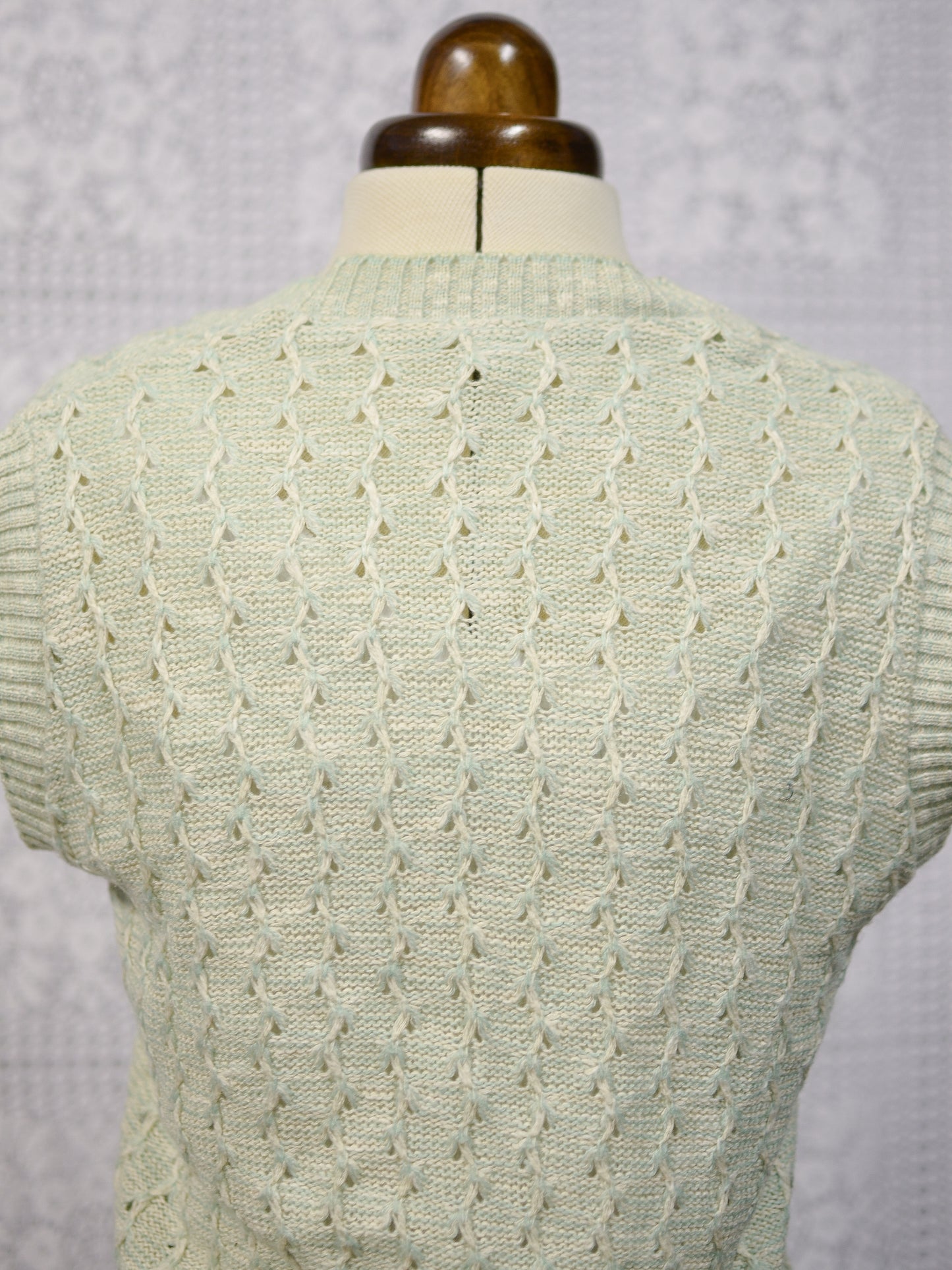 1970s mint green and cream button-up vest sleeveless cardigan tank top