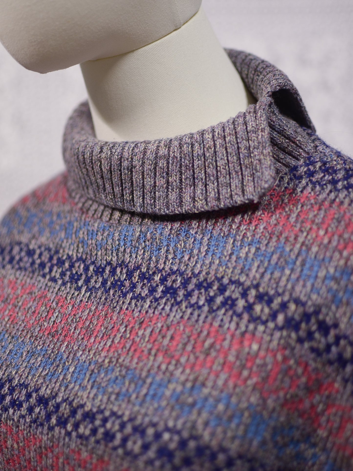 1970s heather grey, pink and purple striped roll neck jumper
