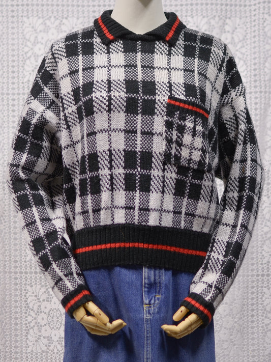 Y2K Liz Claiborne black, white and red tartan cropped collared jumper