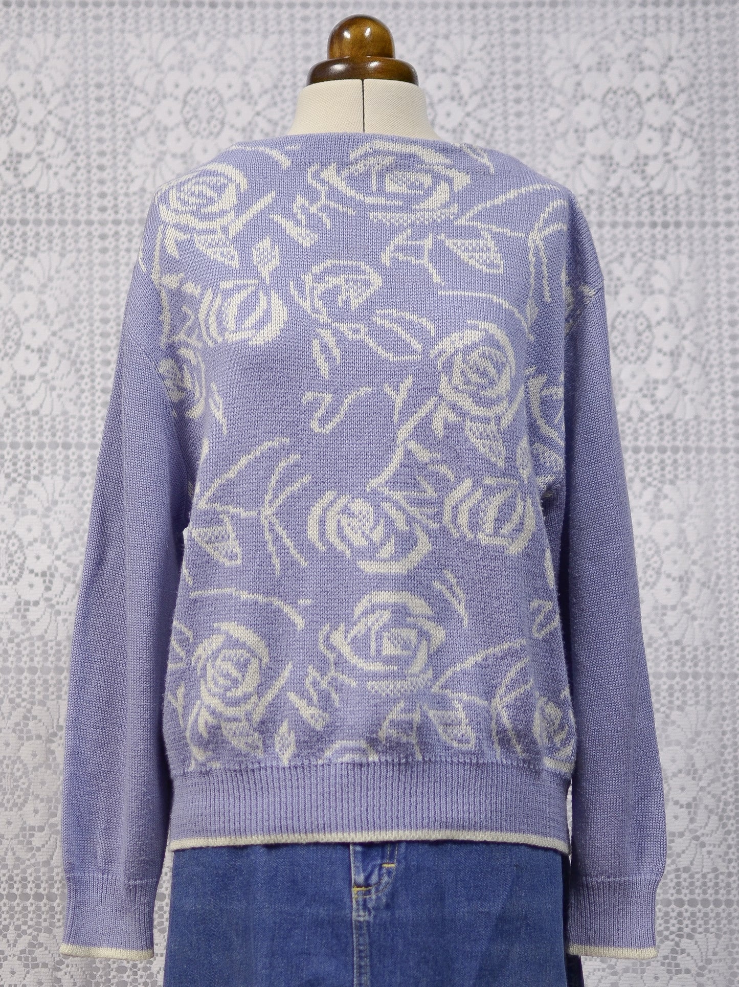1980s cornflower blue and white rose floral pattern jumper