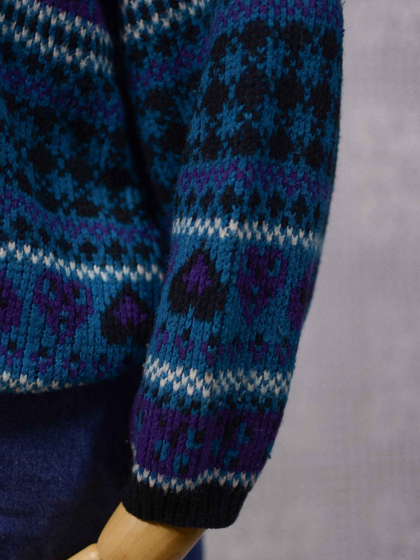 1990s Stefano black, turquoise and purple heart and stripe pattern jumper