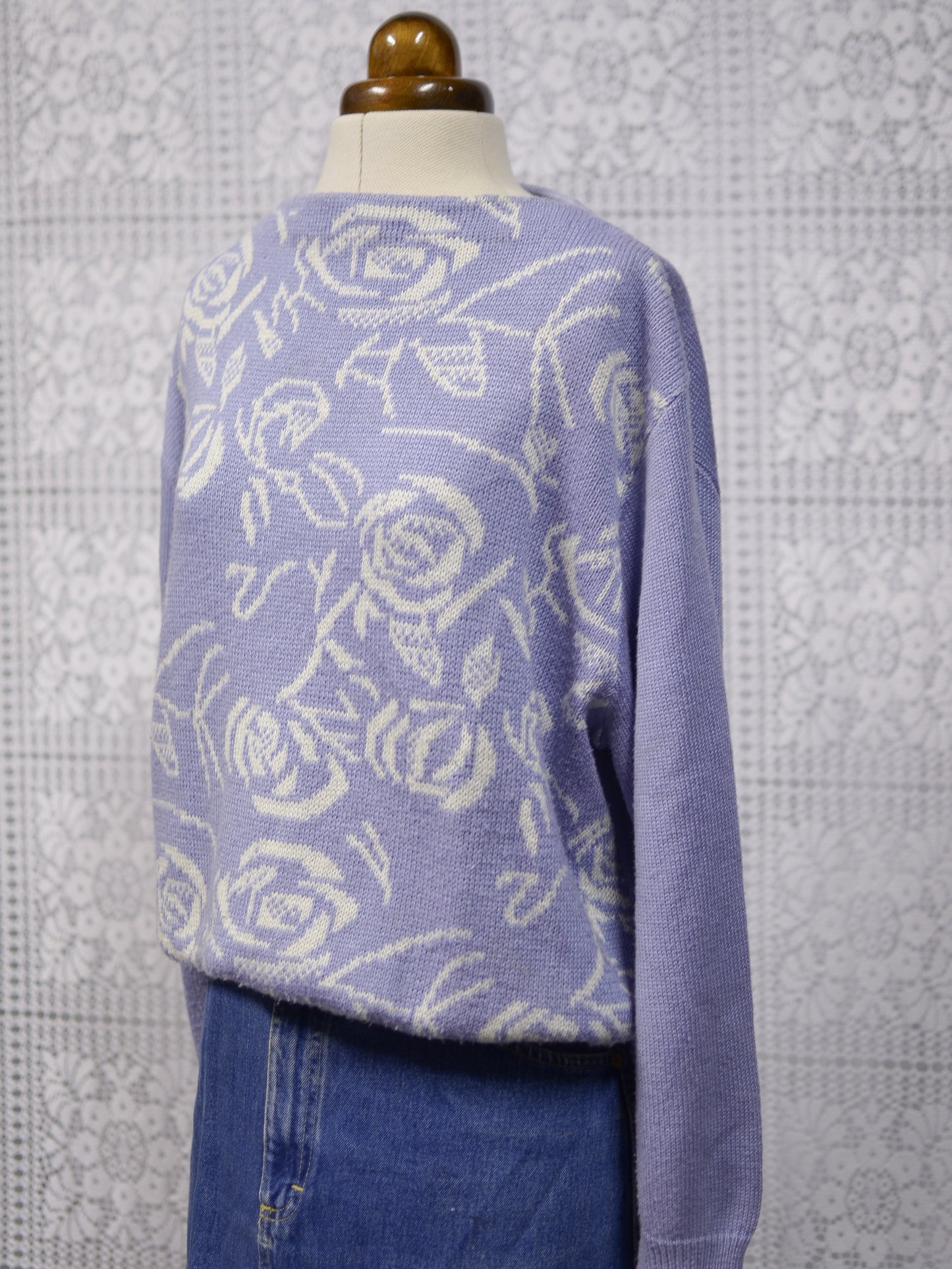 1980s cornflower blue and white rose floral pattern jumper