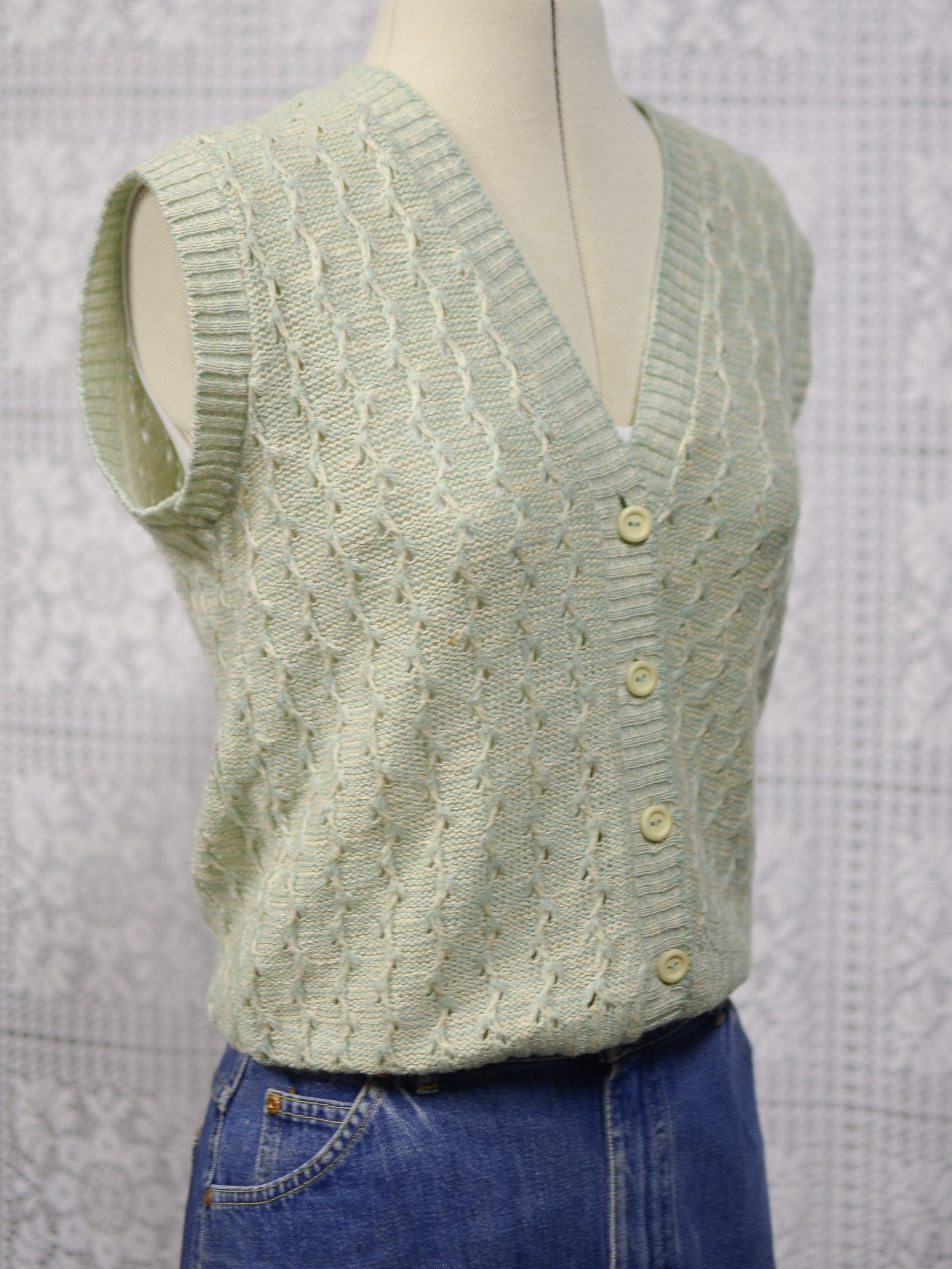 1970s mint green and cream button-up vest sleeveless cardigan tank top