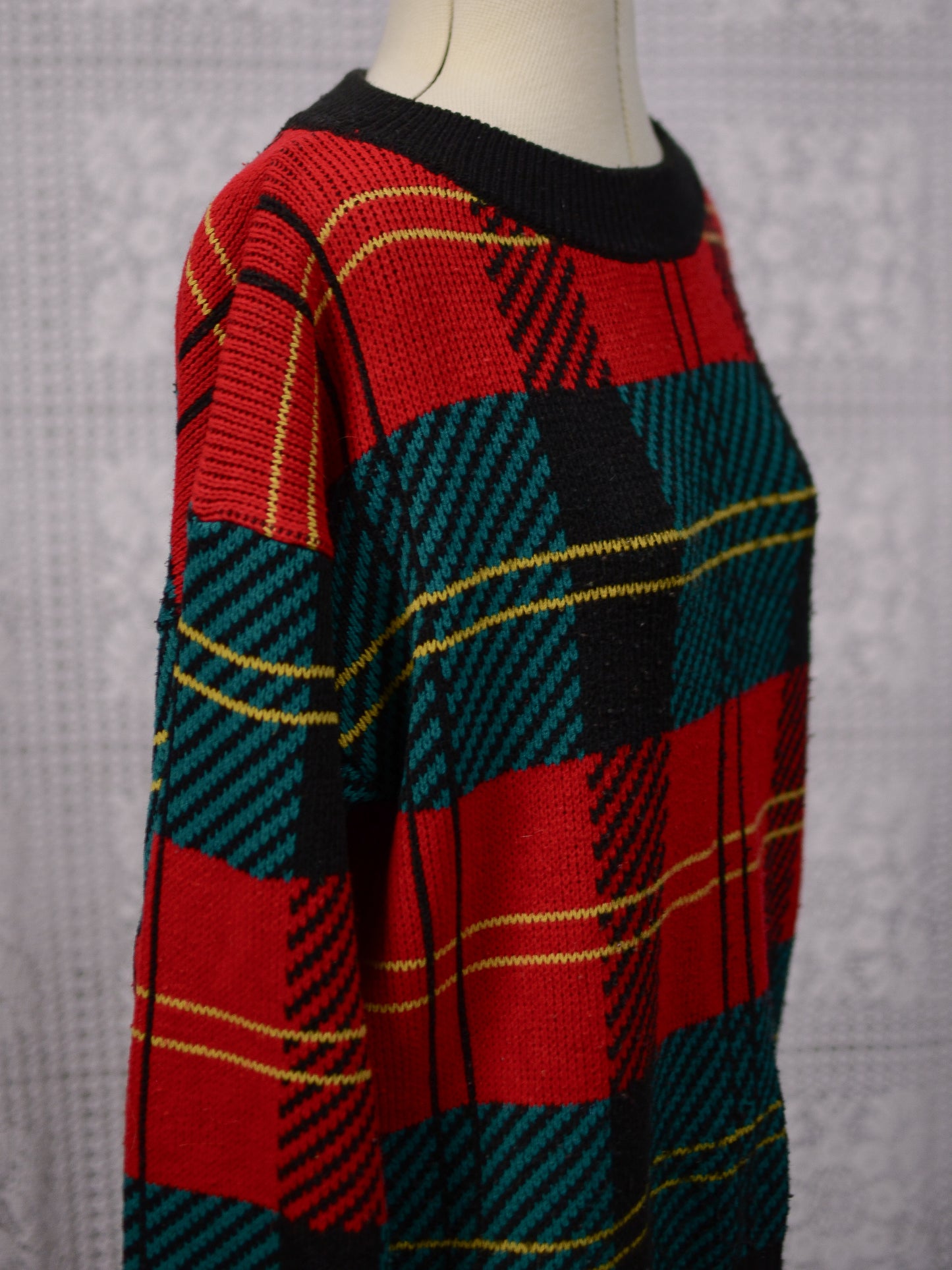 1980s St Michael red, green, black and yellow tartan jumper
