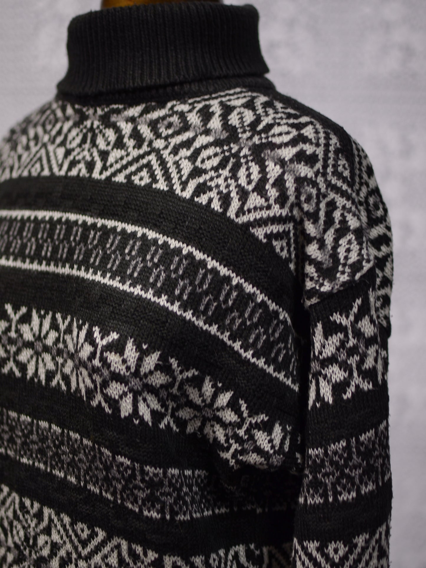 1990s St Michael black and white snowflake nordic striped roll neck jumper