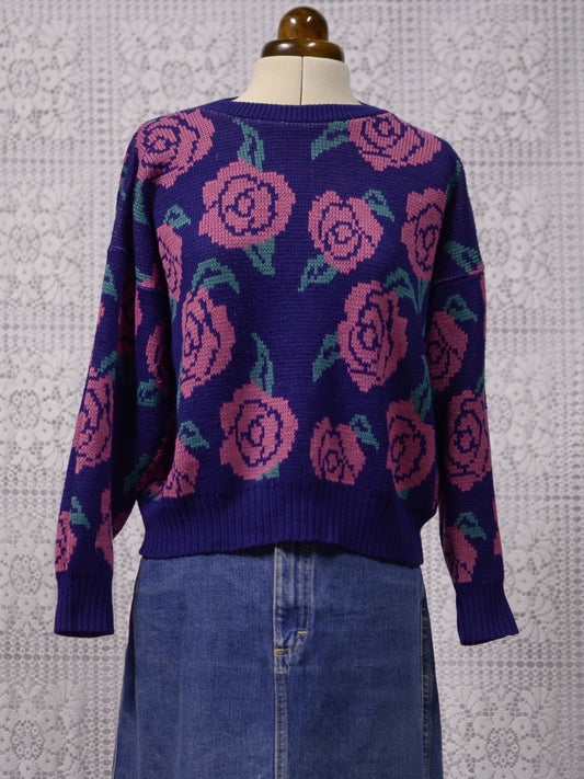 1980s navy blue and pink rose pattern jumper