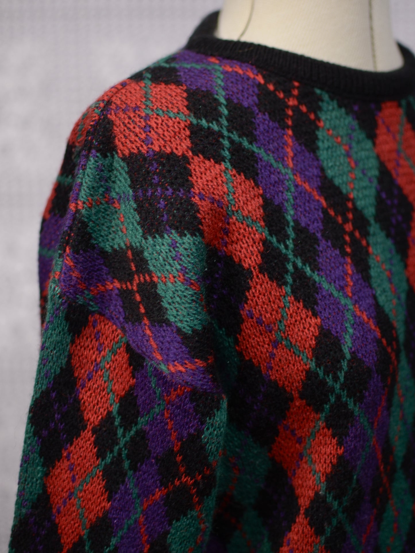 1980s black, red, green and purple argyle pattern jumper