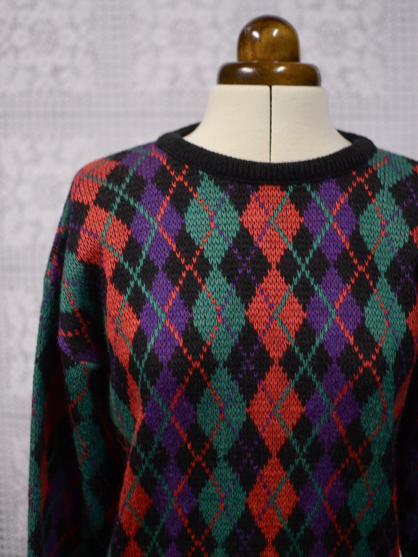 1980s black, red, green and purple argyle pattern jumper