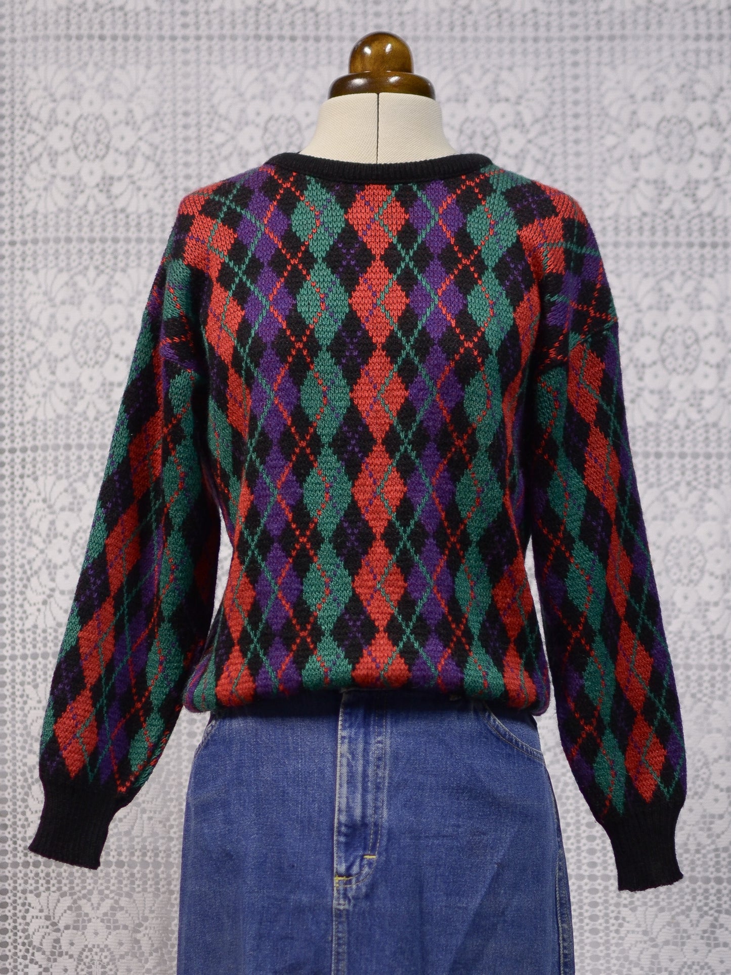 1980s black, red, green and purple argyle pattern jumper