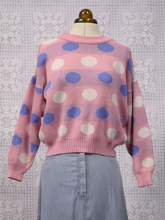 1980s pink, white and blue polkadot jumper