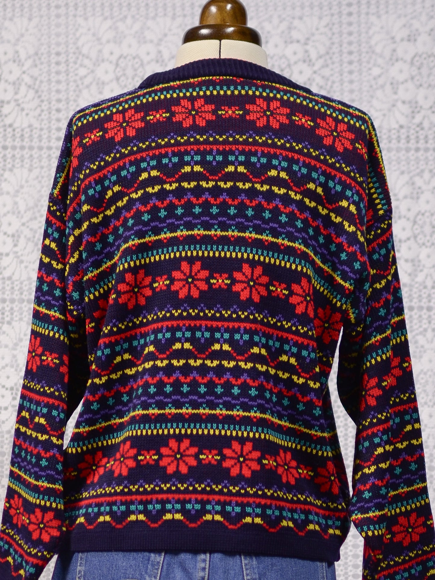 1990s Dorothy Perkins navy blue, red and yellow snowflake festive jumper