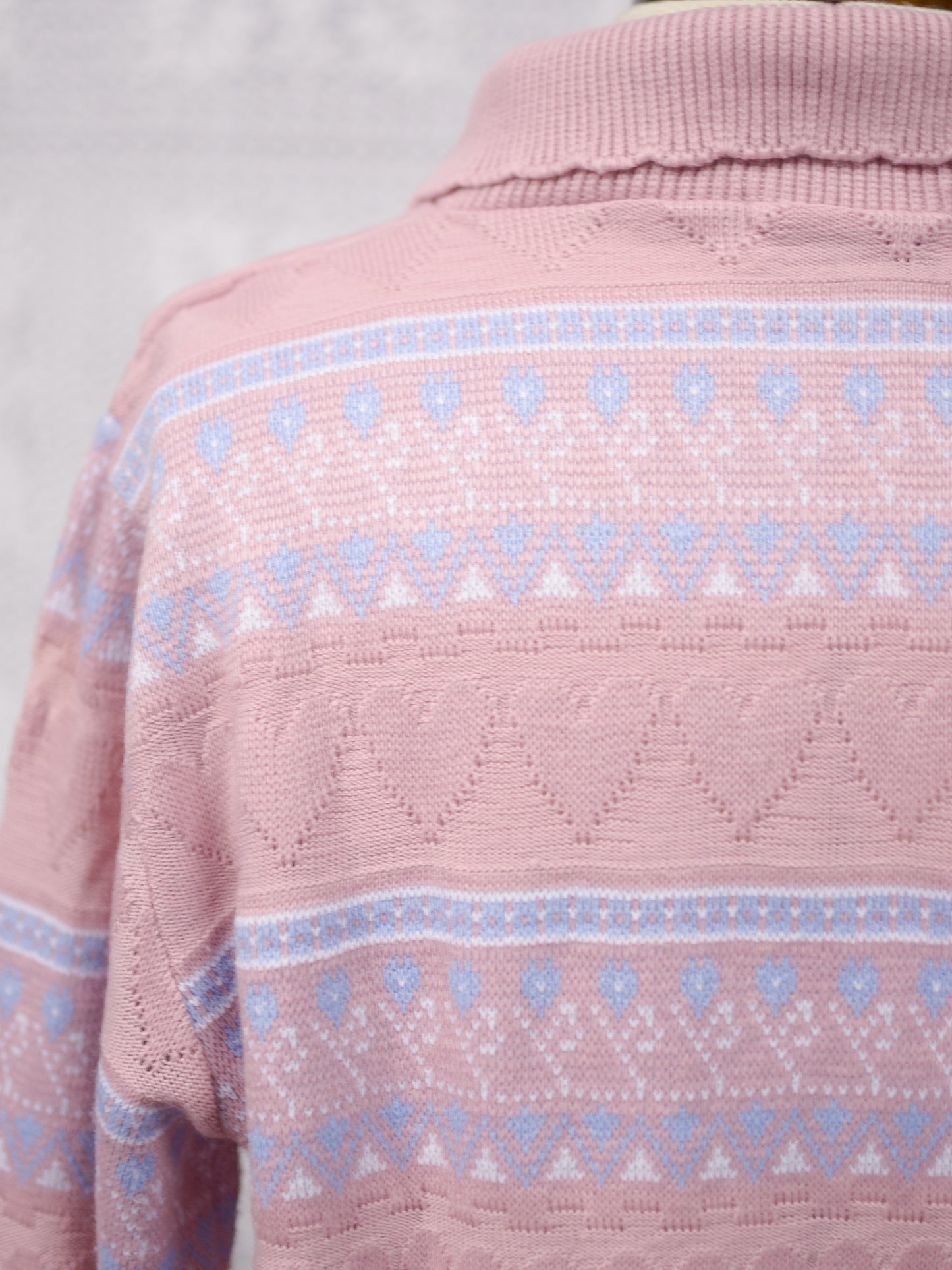 1990s pastel pink heart stripe patterned collared jumper