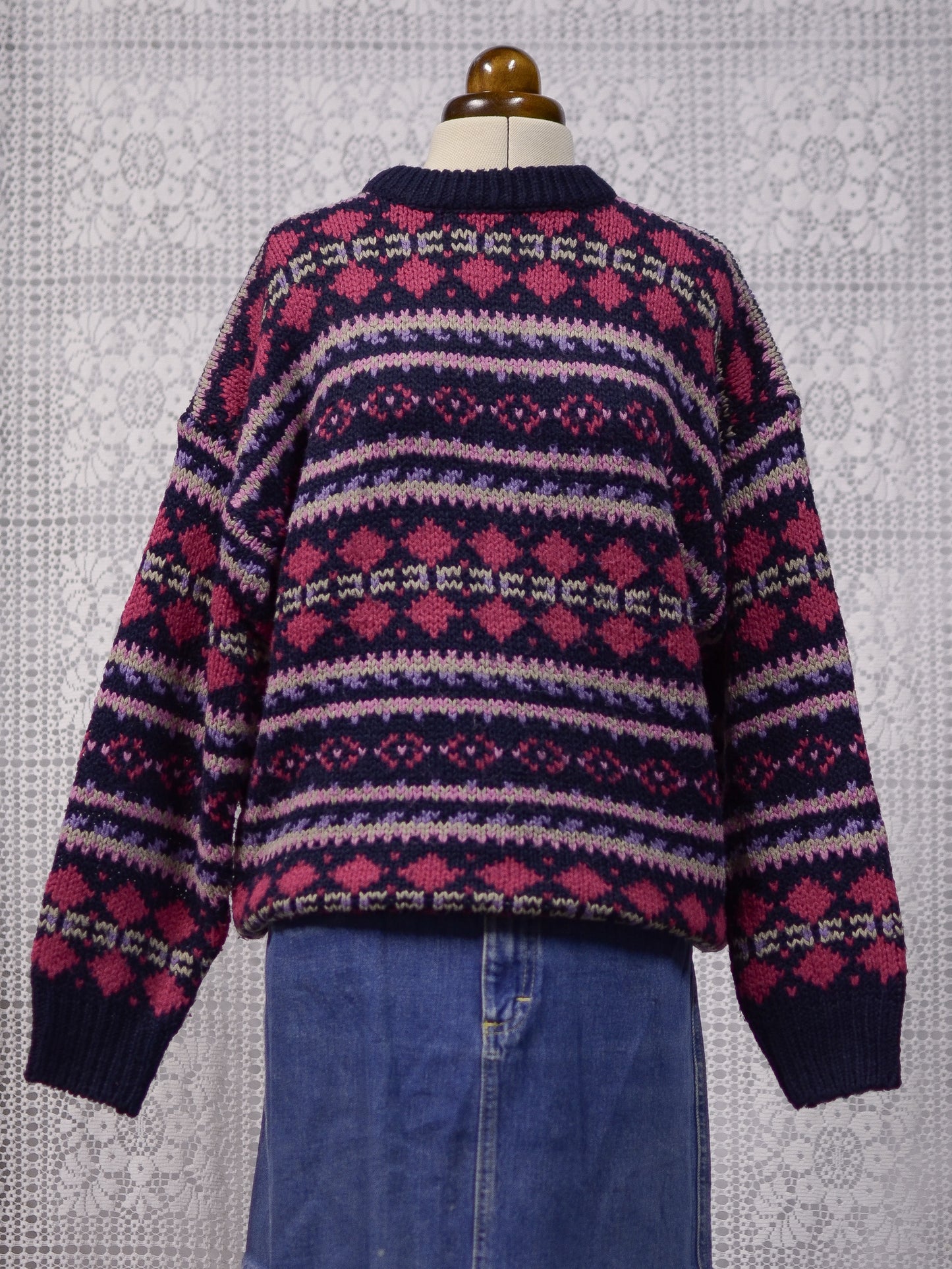 1990s Classics navy blue, pink and purple chunky striped pattern jumper