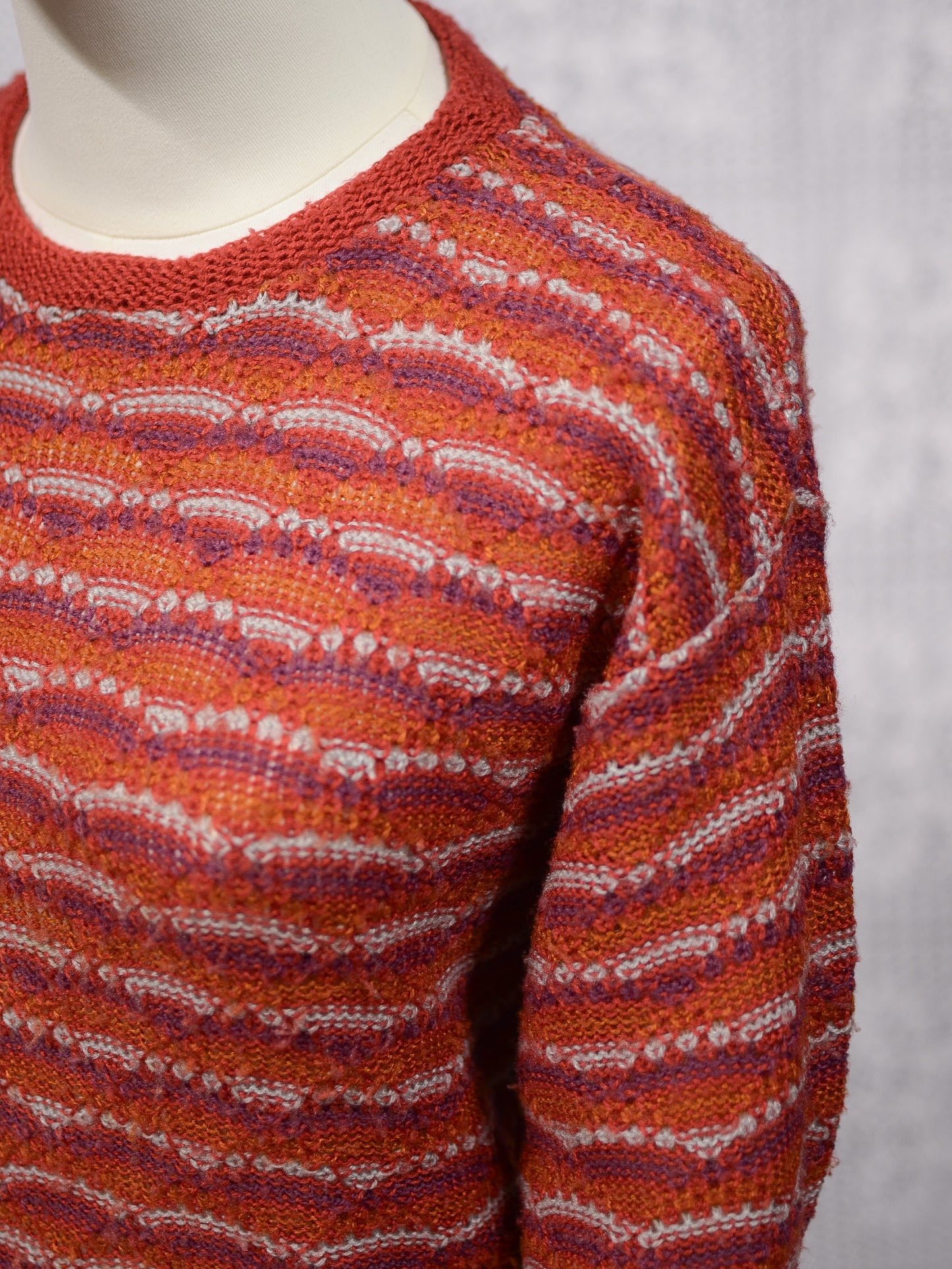 1970s dark red, orange and purple patterned stripe jumper