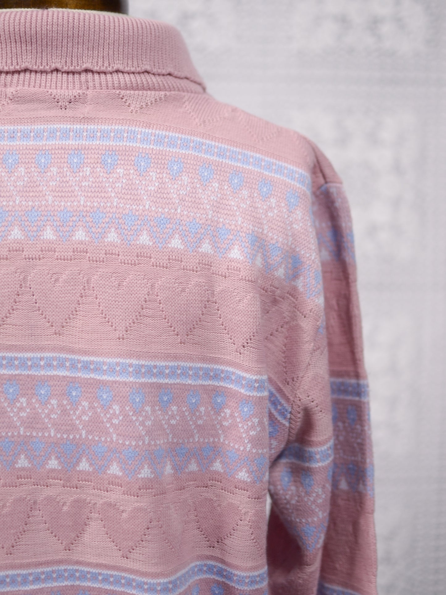 1990s pastel pink heart stripe patterned collared jumper