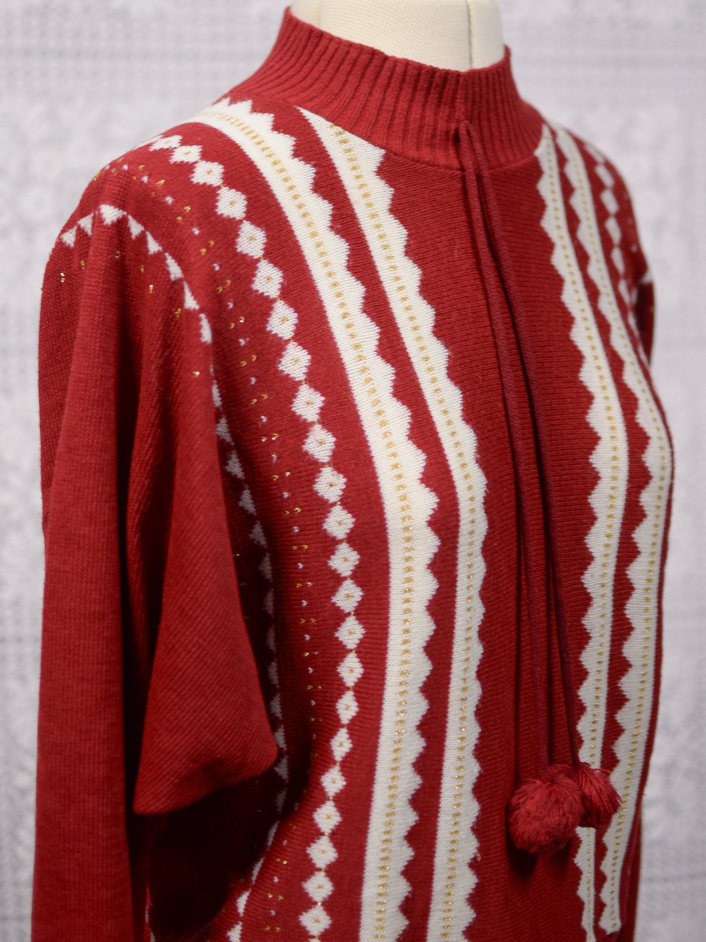 1980s Etam red, white and gold frill neck pompom jumper