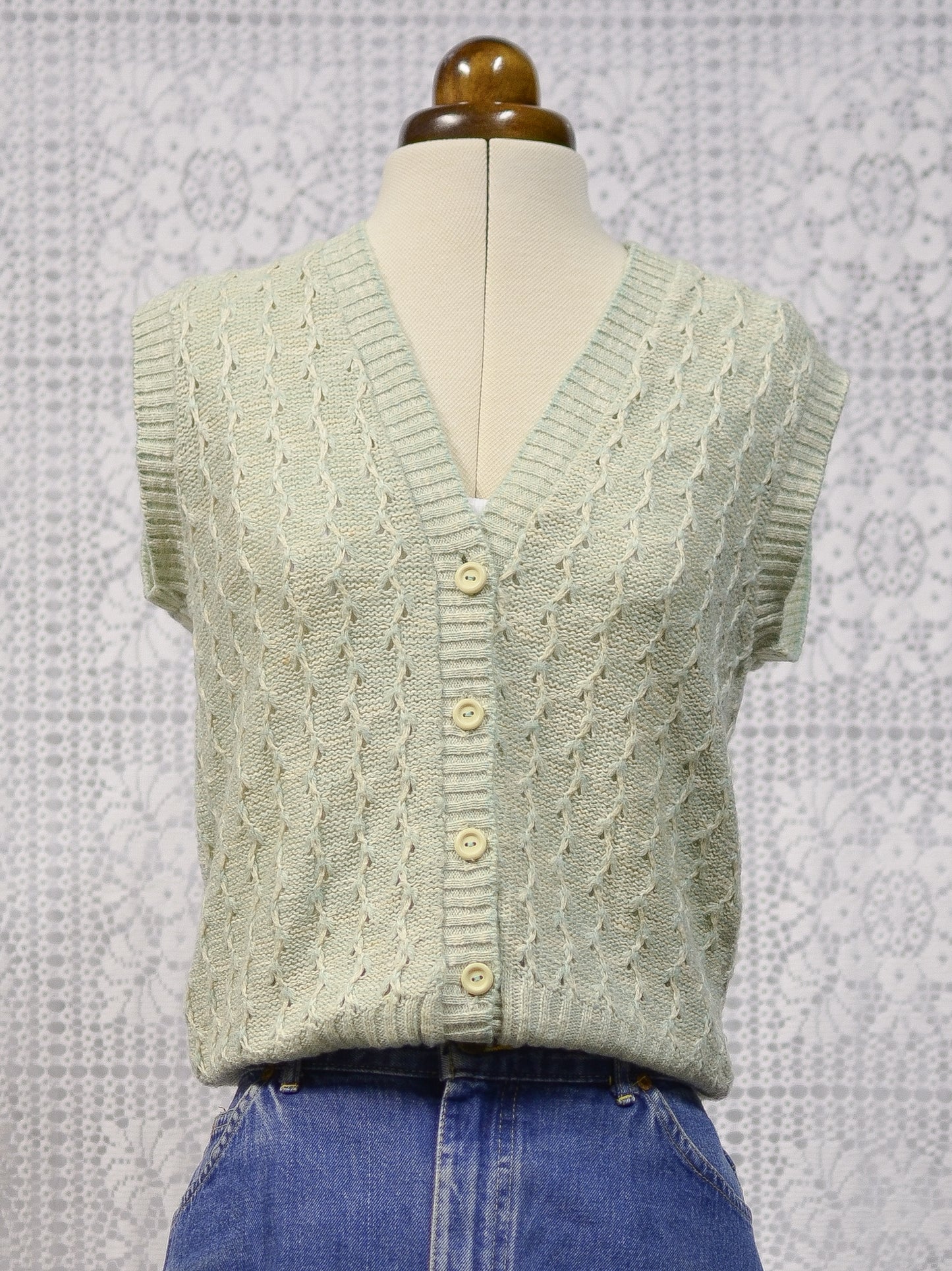 1970s mint green and cream button-up vest sleeveless cardigan tank top