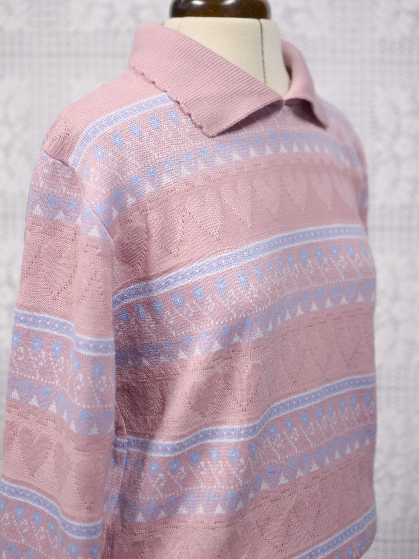 1990s pastel pink heart stripe patterned collared jumper