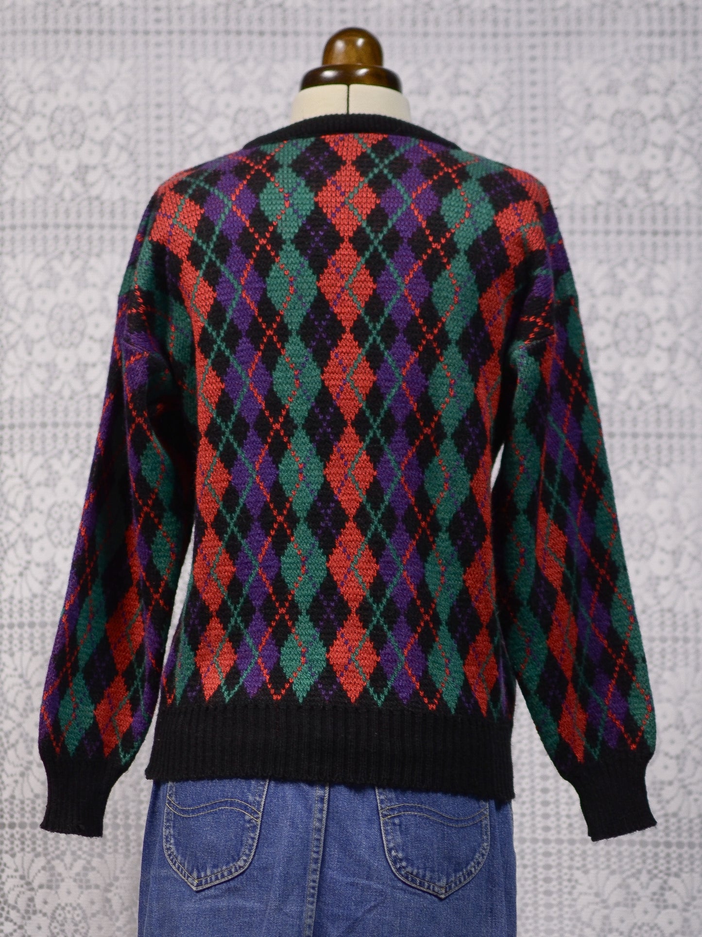 1980s black, red, green and purple argyle pattern jumper