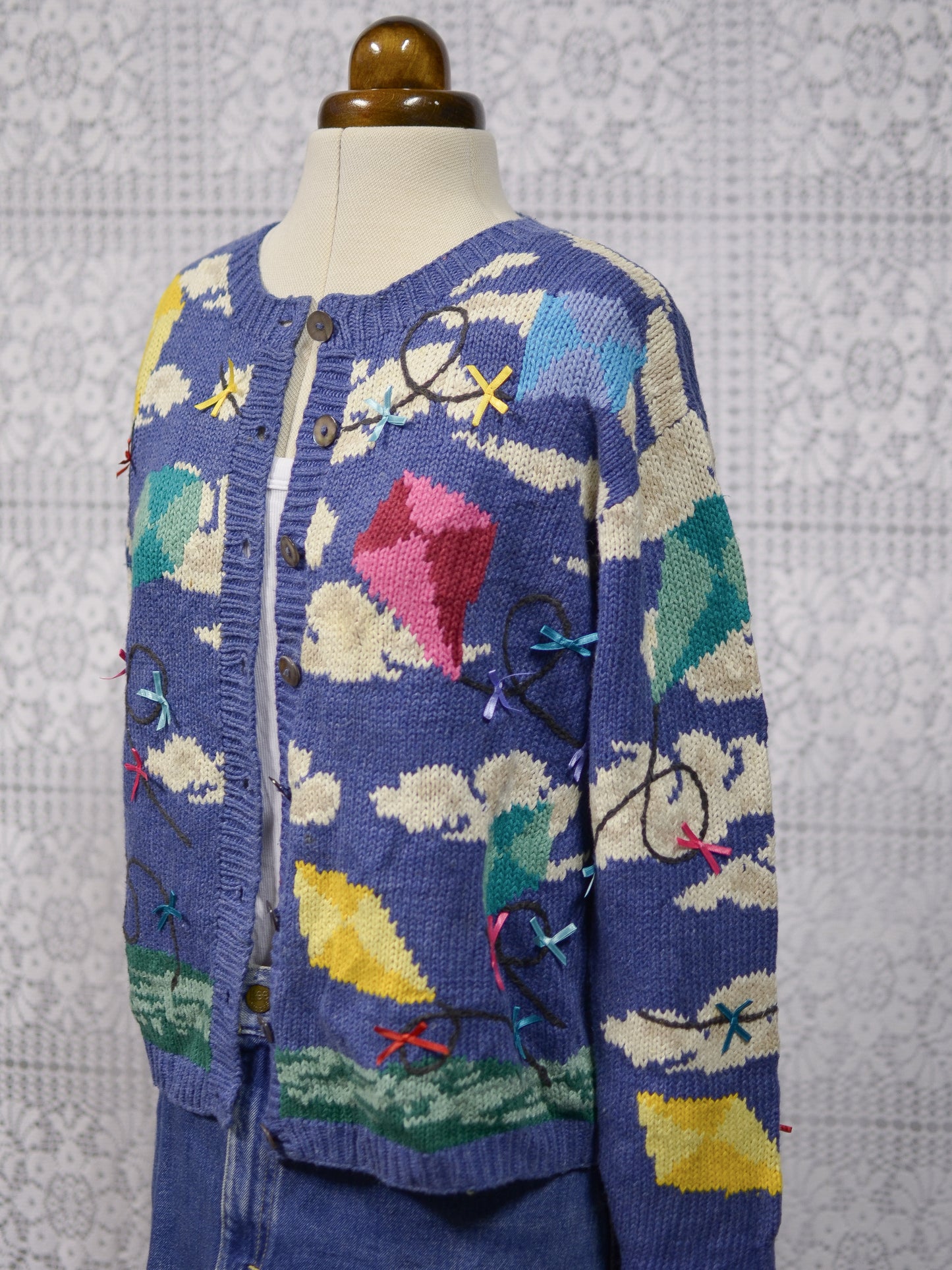 1990s Talbots blue clouds and kites colourful pattern cardigan