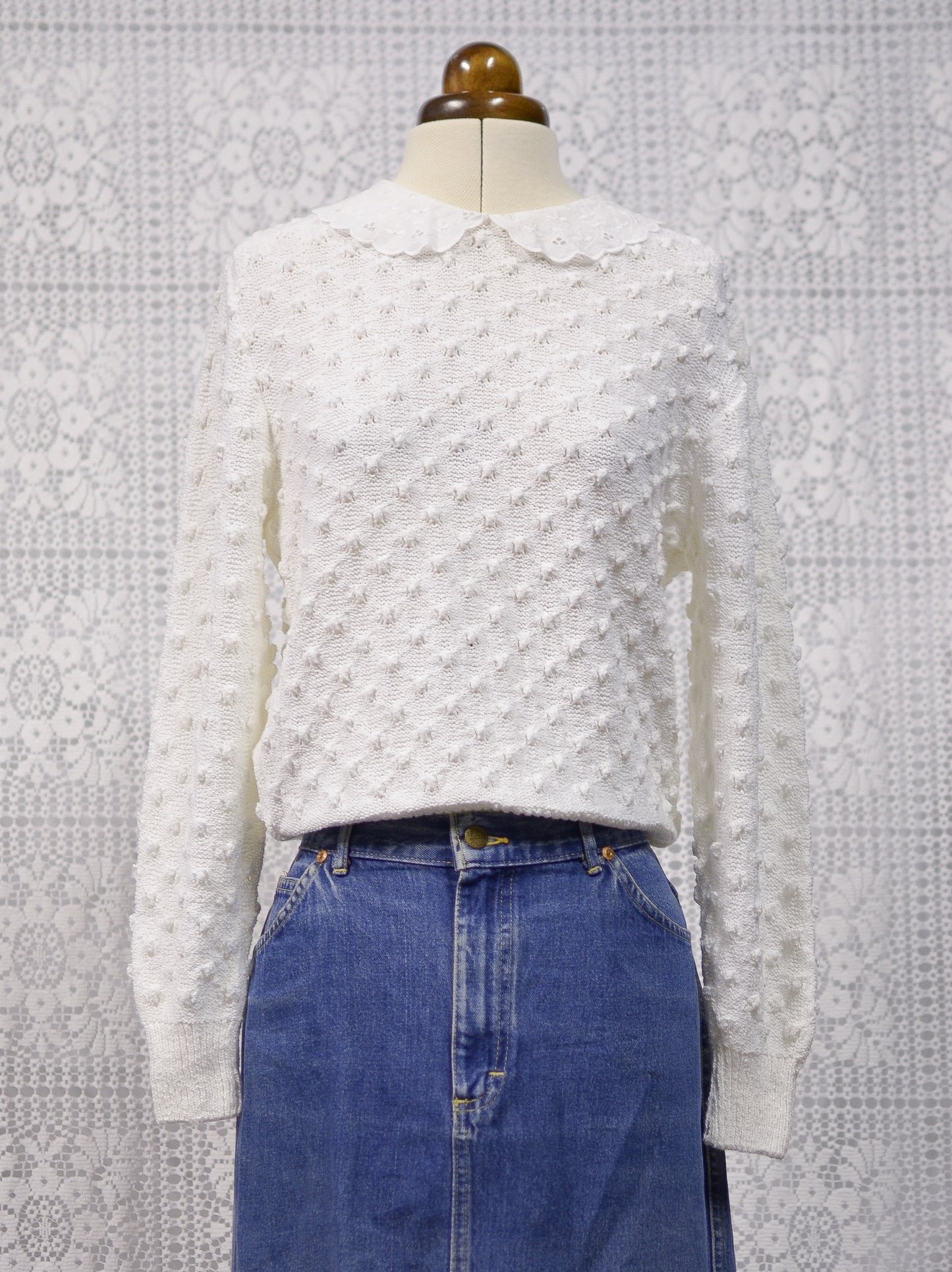 1990s St Michael white broderie anglaise collar textured knit jumper