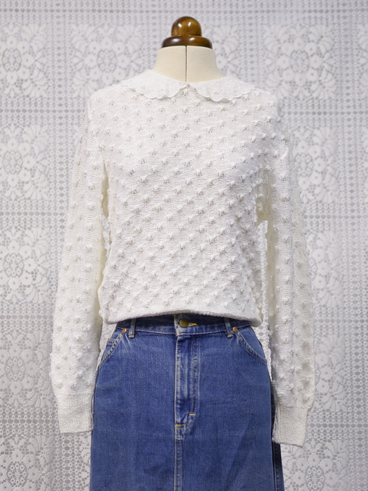 1990s St Michael white broderie anglaise collar textured knit jumper