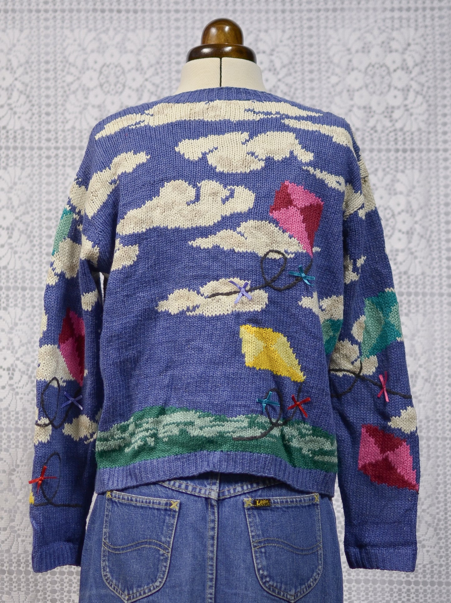 1990s Talbots blue clouds and kites colourful pattern cardigan