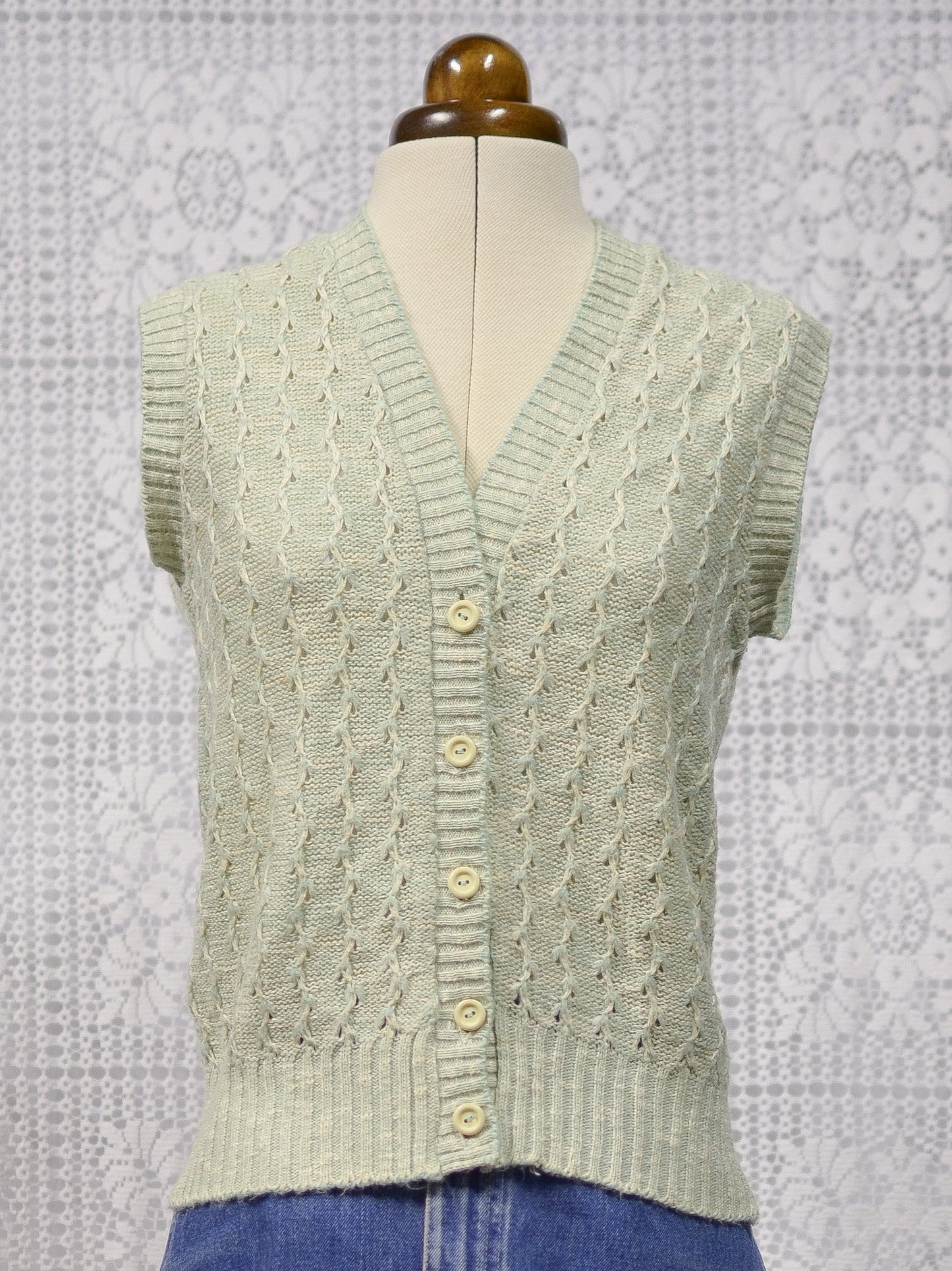 1970s mint green and cream button-up vest sleeveless cardigan tank top