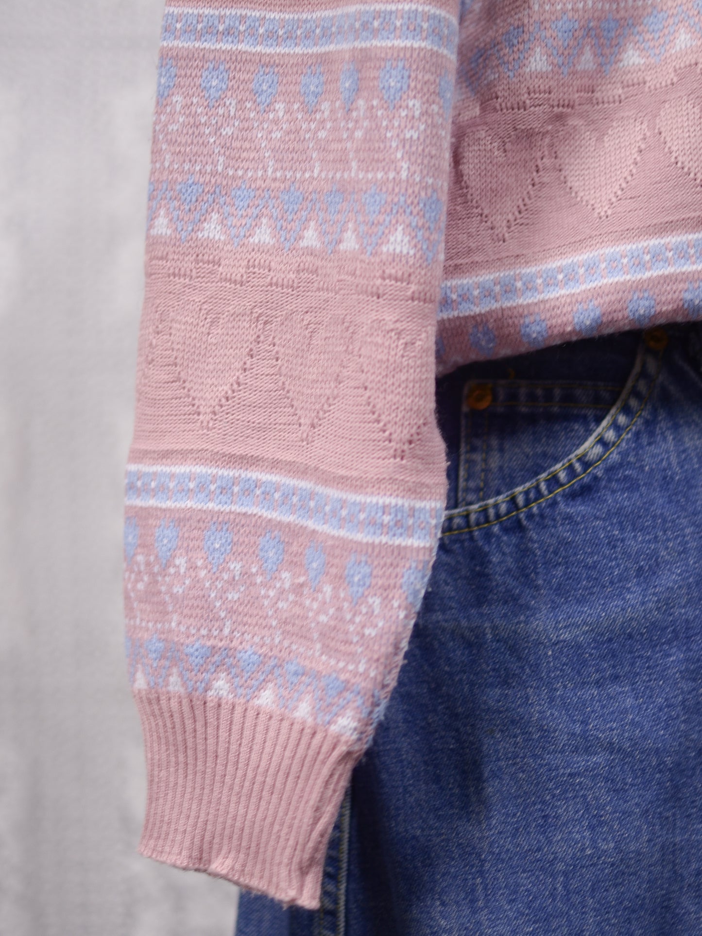 1990s pastel pink heart stripe patterned collared jumper