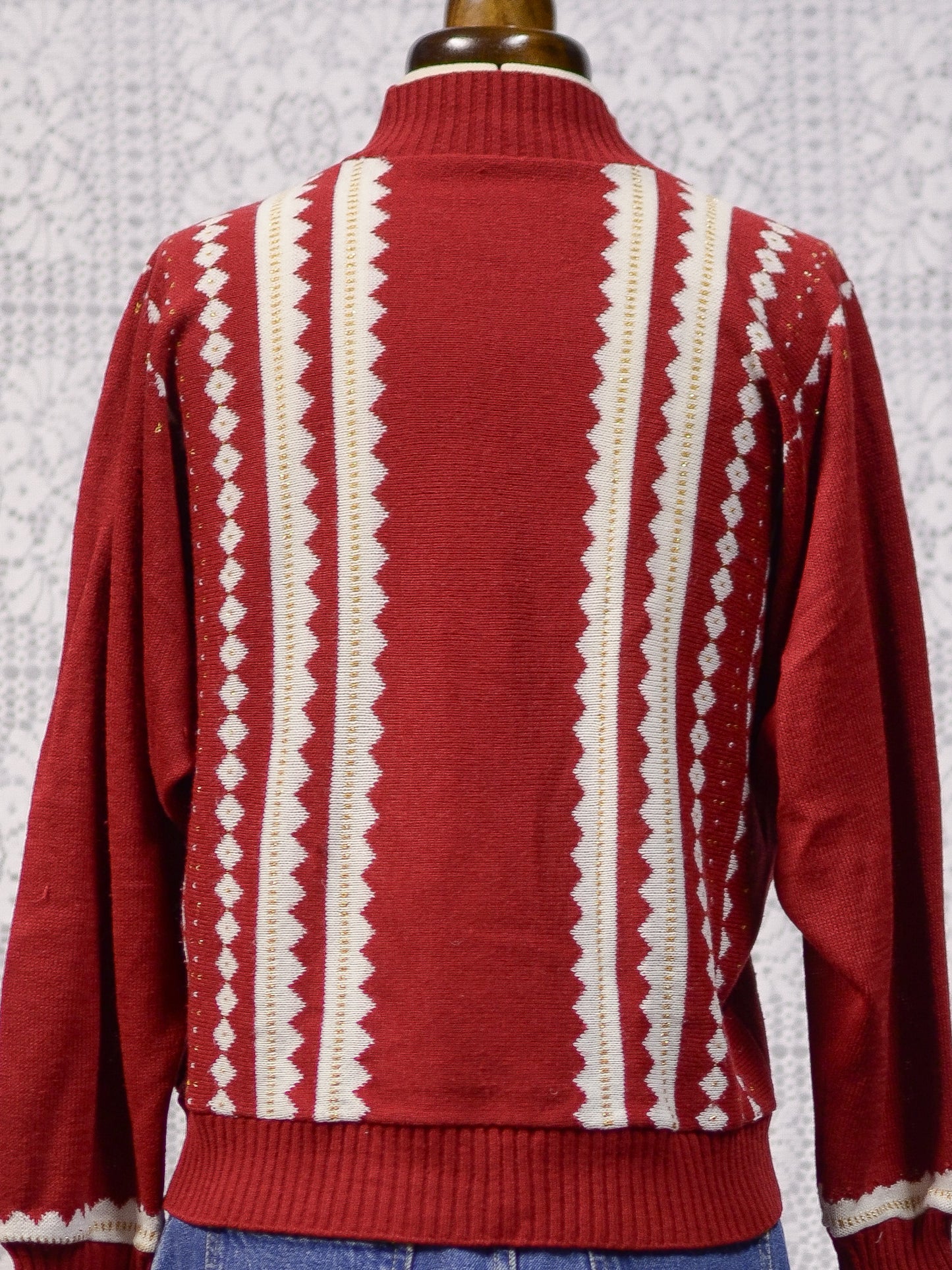 1980s Etam red, white and gold frill neck pompom jumper