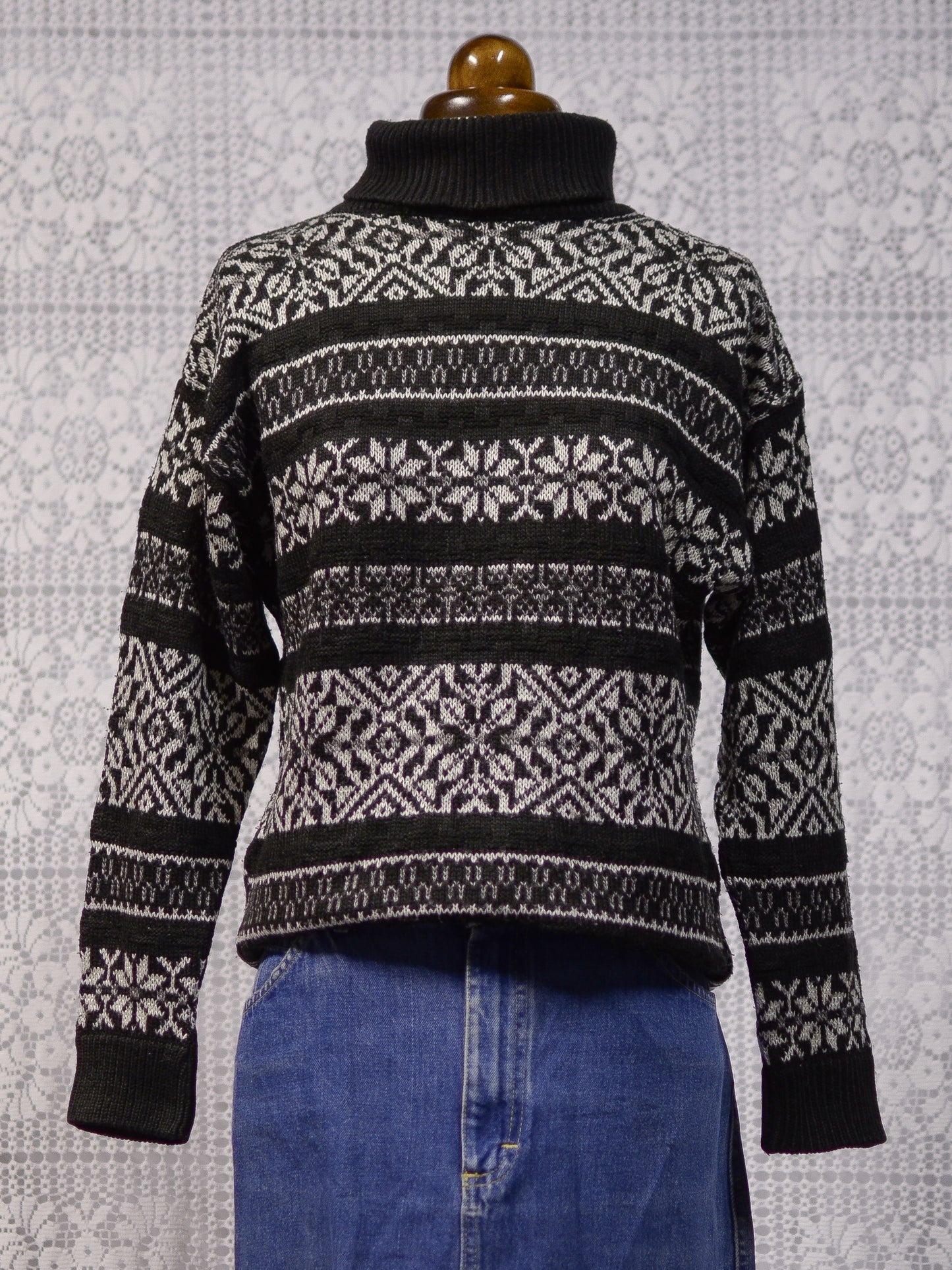 1990s St Michael black and white snowflake nordic striped roll neck jumper