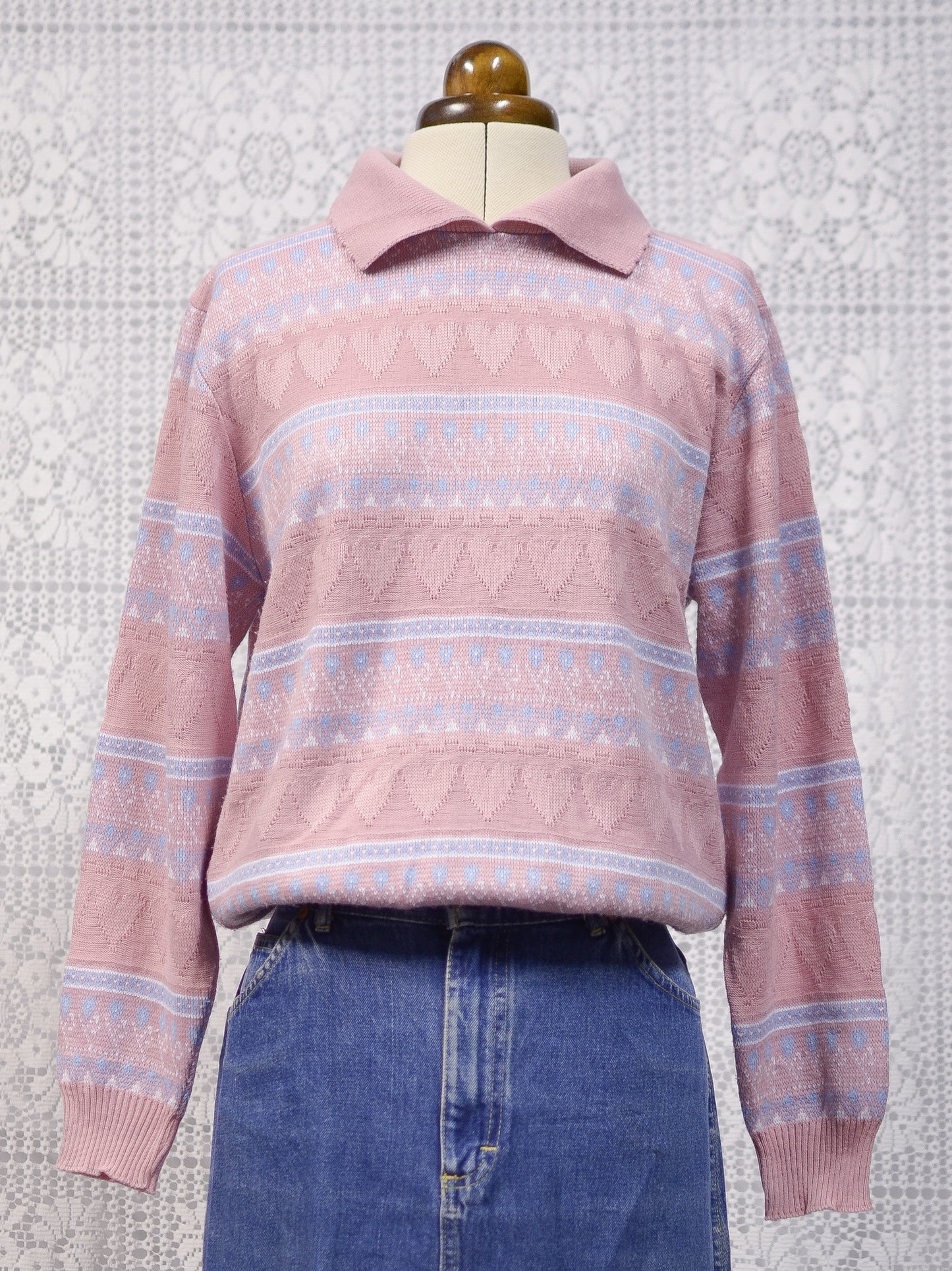 1990s pastel pink heart stripe patterned collared jumper