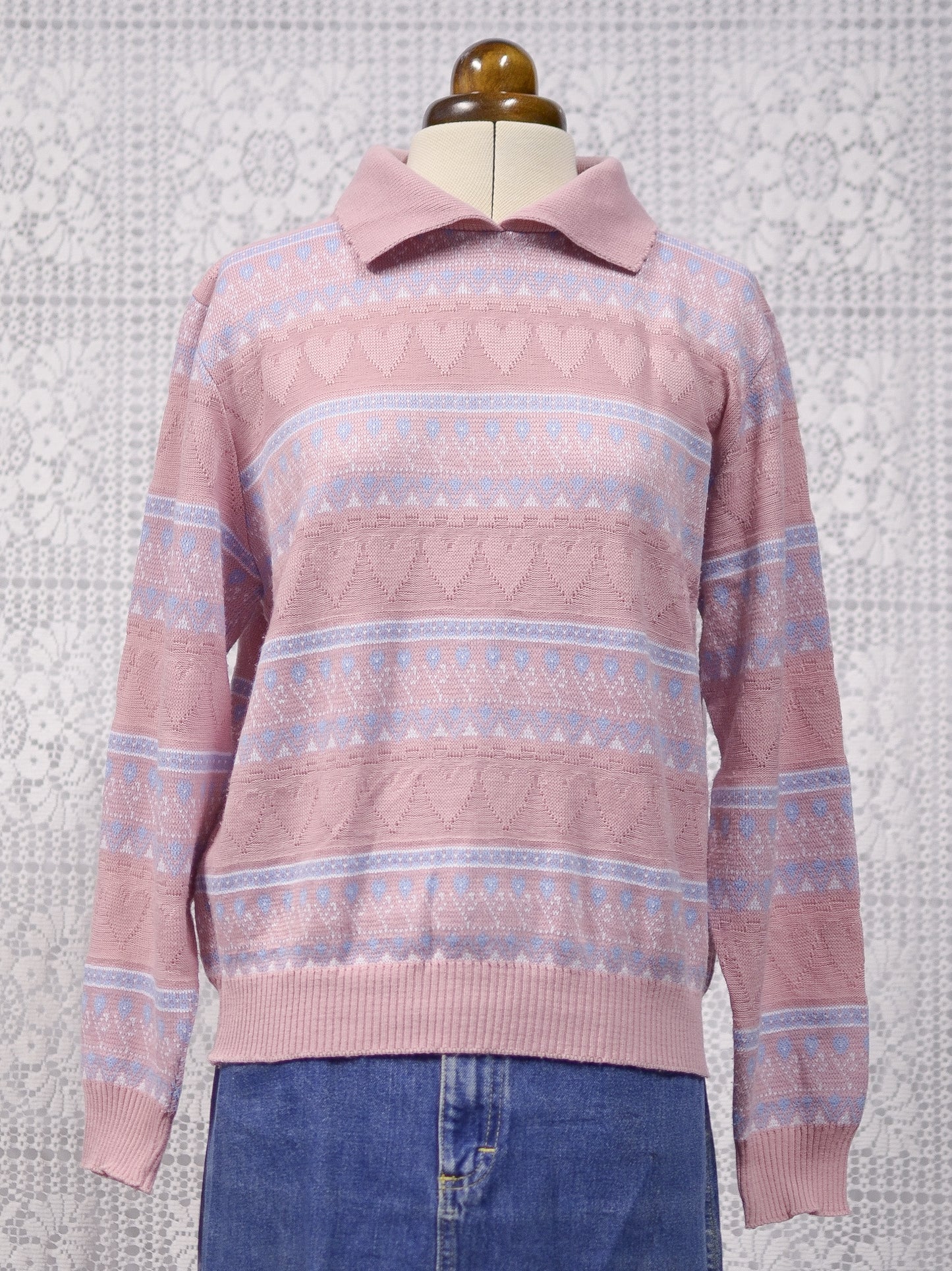 1990s pastel pink heart stripe patterned collared jumper