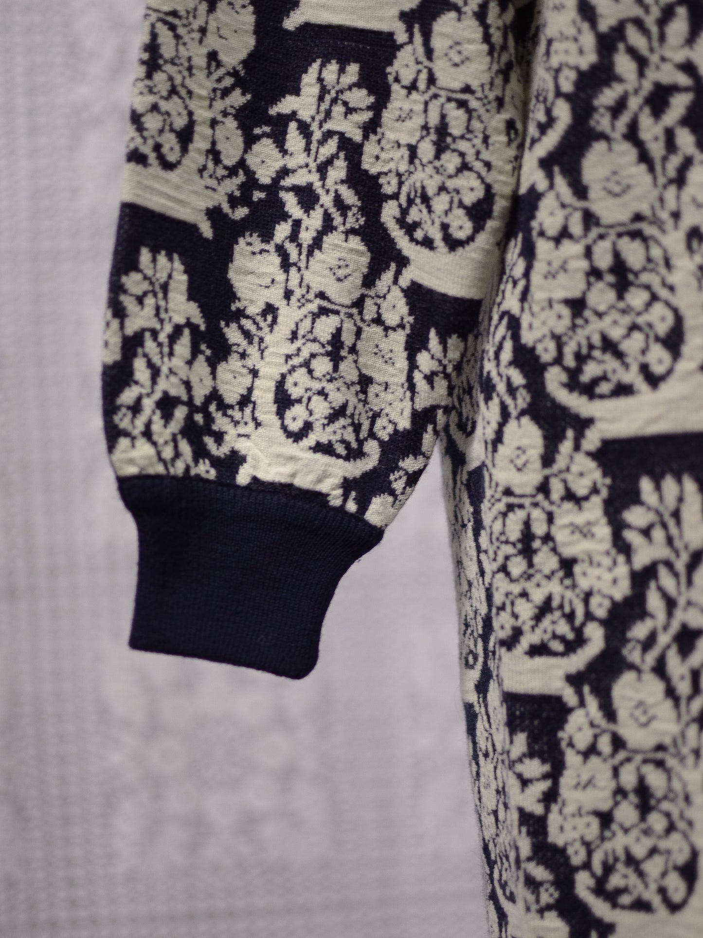 1980s navy and white knitted high neck patterned jumper dress