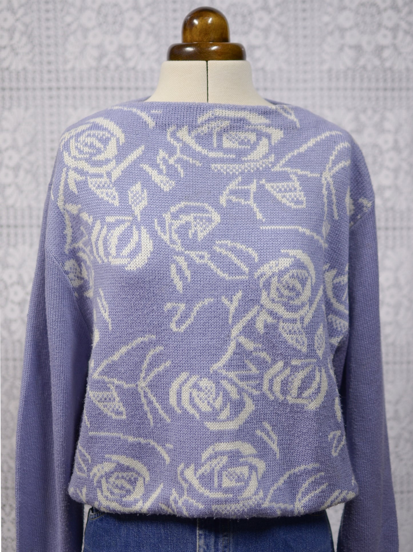 1980s cornflower blue and white rose floral pattern jumper